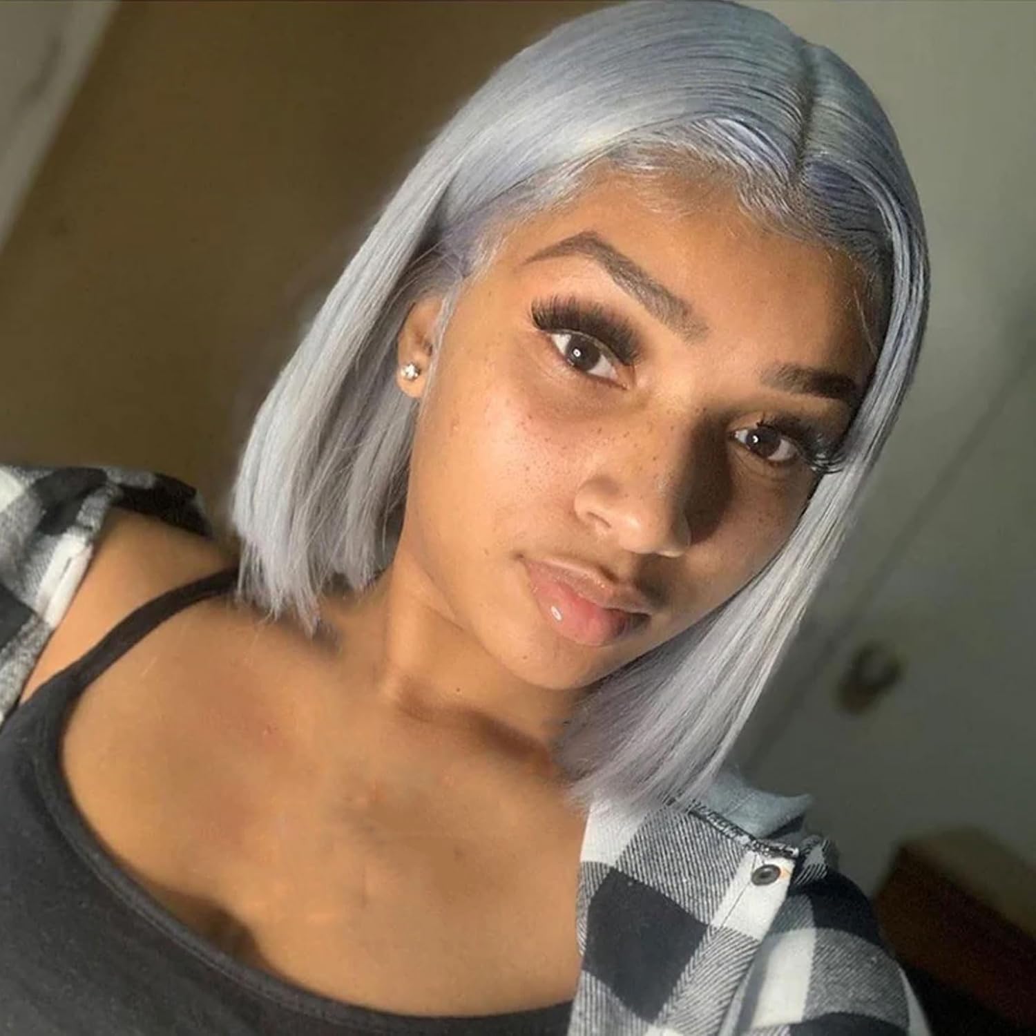 13x6 Grey Bob Lace Frontal Wig Human Hair Short Straight Transparent Front Wig Natural Density Pre Plucked Hairline Colored Gray Bob Wigs for Women 14 Inch