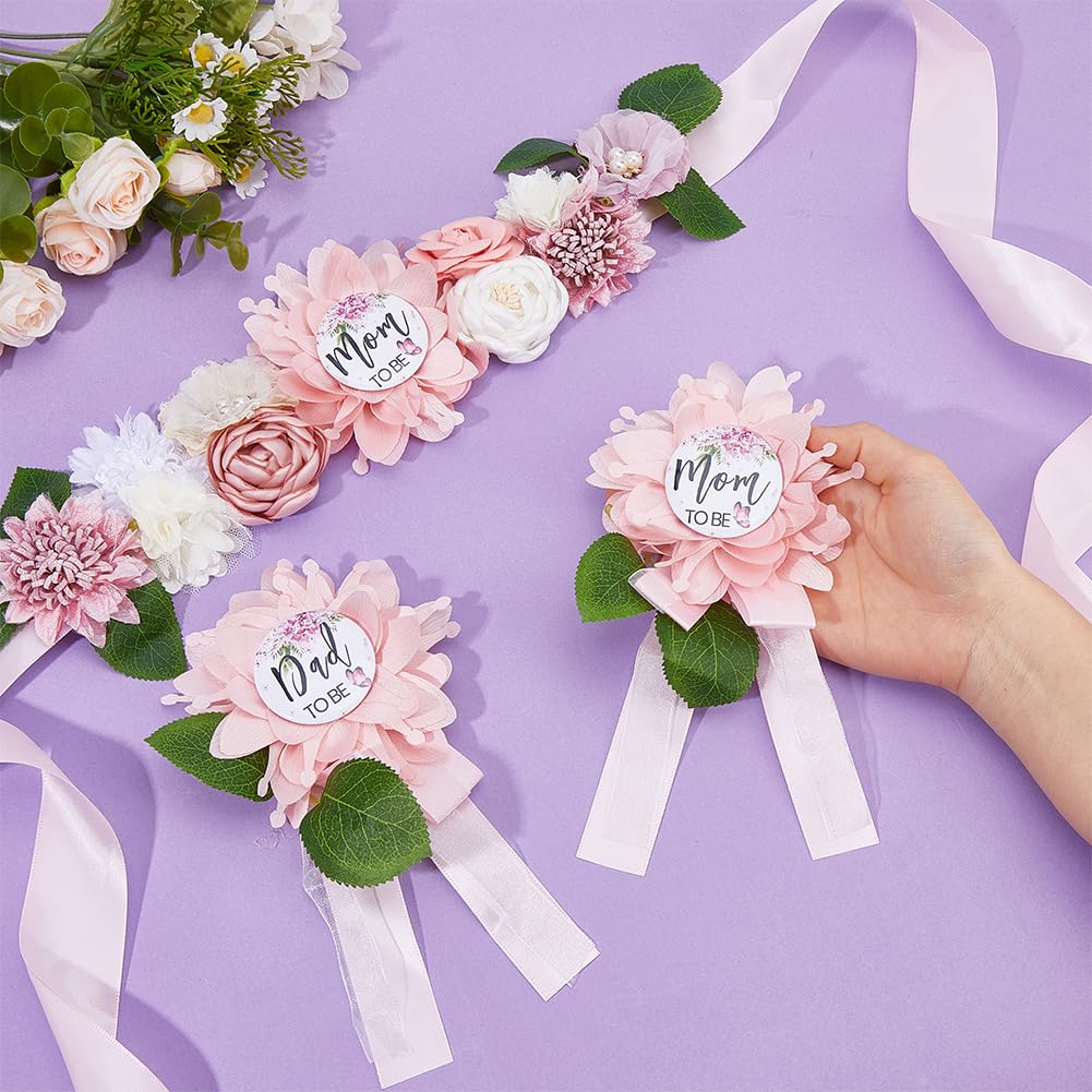 DICOSMETIC Pink Baby Shower Maternity Sash Belly Belt Mom to Be Sash Daddy to Be Corsage Pin Baby Girl Gender Reveal Decorations Pregnancy Photography Props with Waistband and Flower Brooch - Image 3