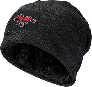Running Mustang Horse Fleece Lining Beanies Cap Knit Beanie Warm Slouchy Plaid Skull Caps Hats Headwear Black