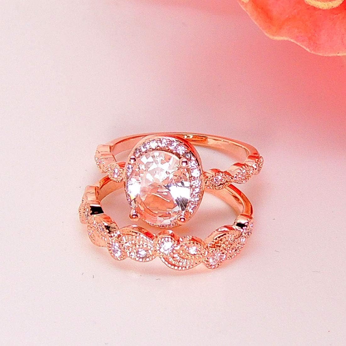 Ginger Lyne Collection Amara Halo Wedding Ring Set for Women White Gold over Sterling Silver Halo Bridal Set Clear Cubic Zirconia Oval Engagement Ring Matching Wedding Band for Her