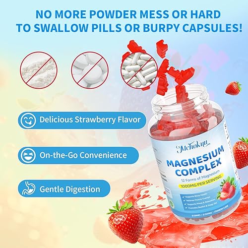 Miniatura 6 de Gomitas de complejo de magnesio, suplemento de complejo de magnesio 12 en 1, 1000 mg - Glicinato mag, citrato, malato, taurato - Alta absorción para