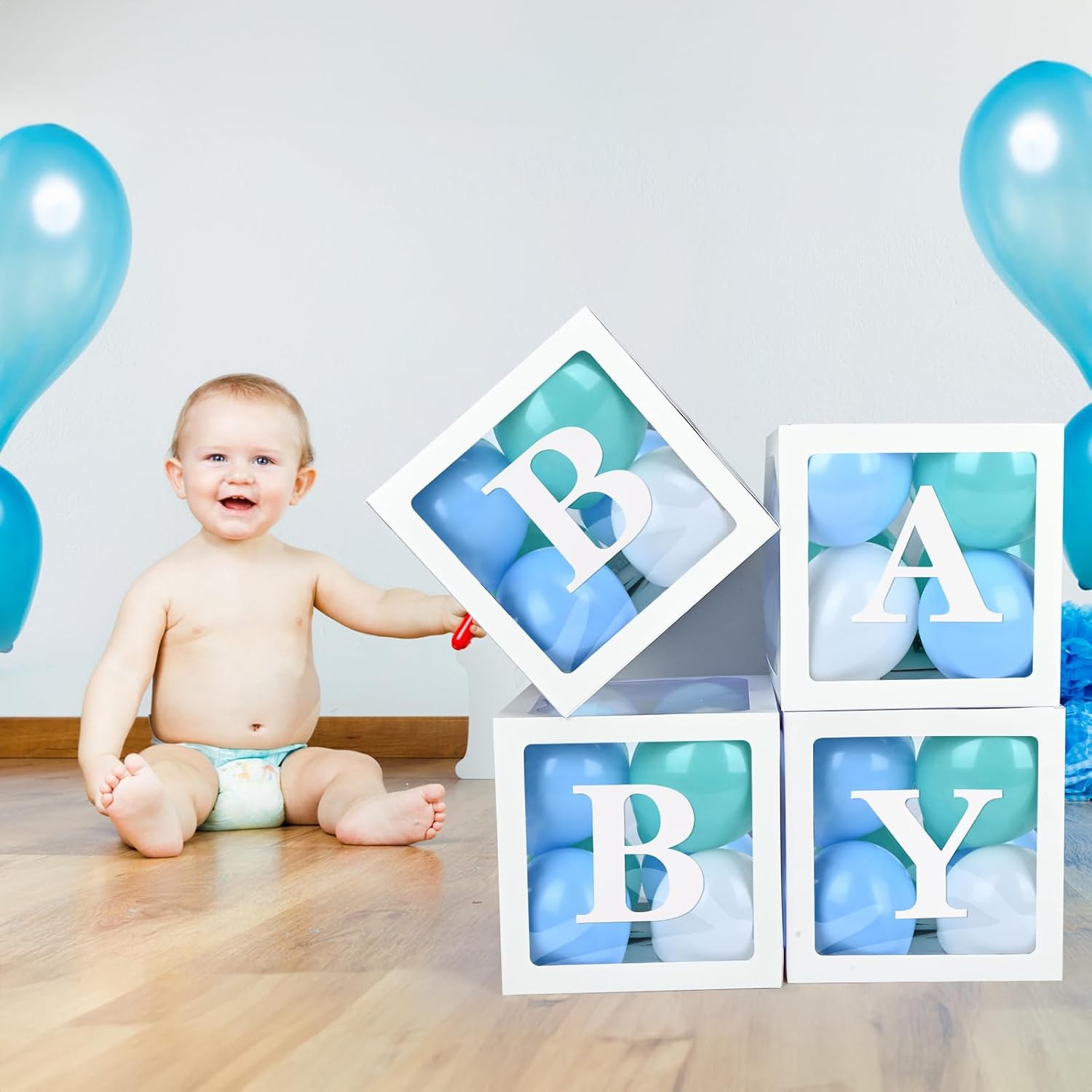 Baby Boxes with 4 Letters,40 Blue Balloon for Baby Shower Decorates,4 pcs clear Balloon Boxes BABY Blocks for Boys Birthday Party Decoration image 5