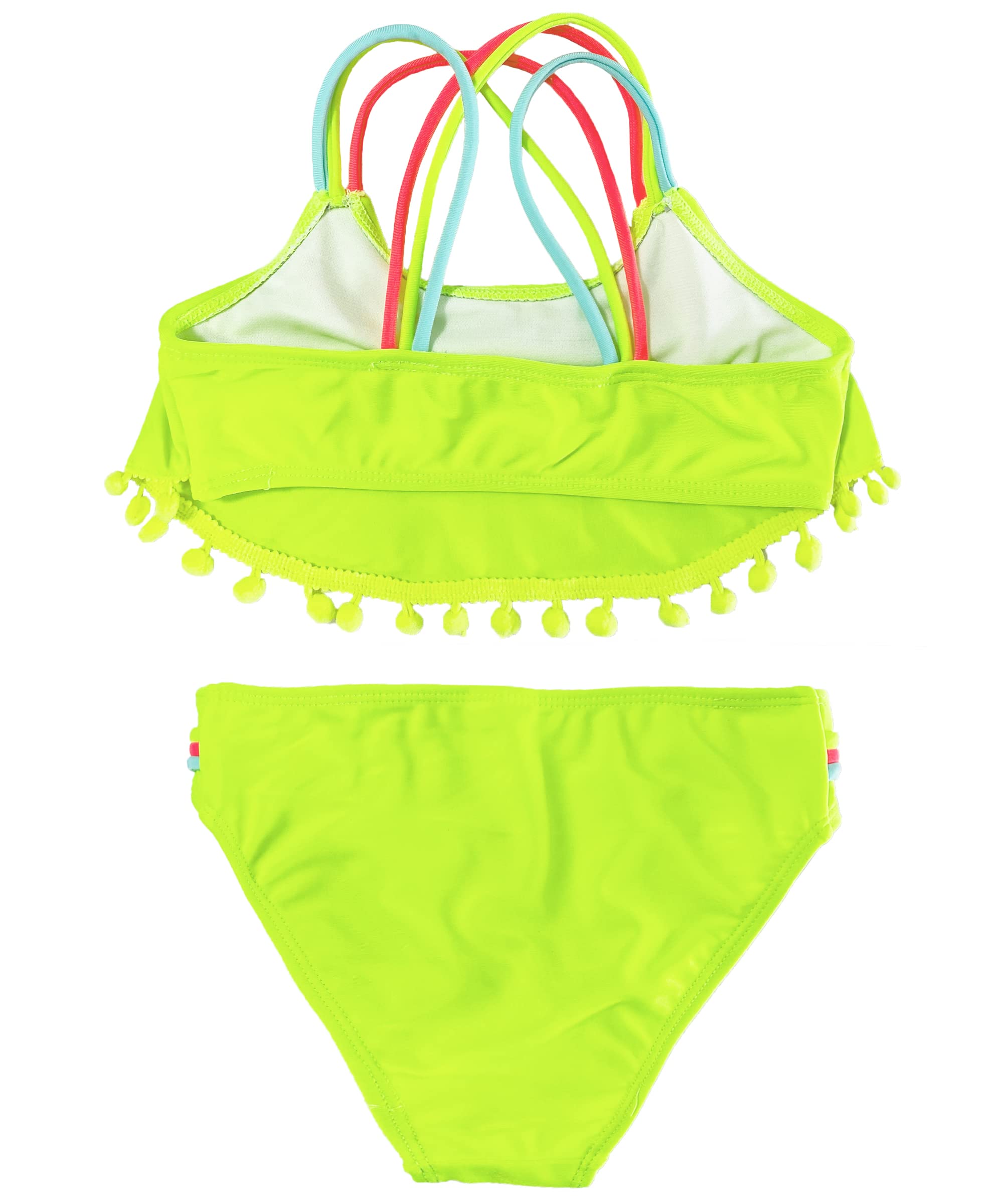 M2C Girls Pompom Tassel Two Piece Bikini Set Triple Cross Strap Crop Swimsuits Neno Green 7-8