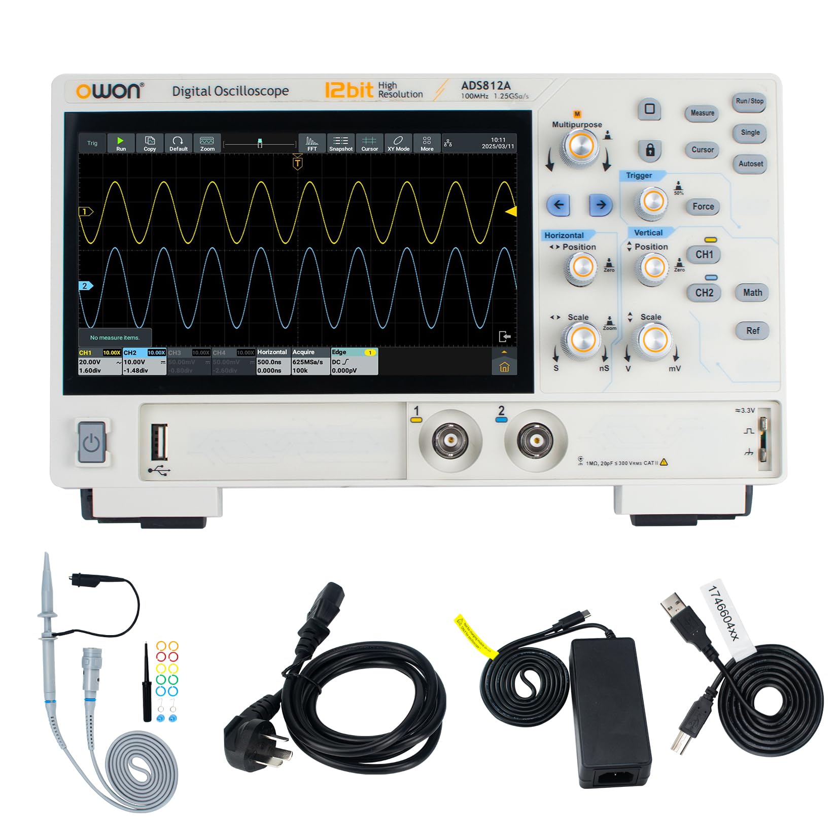 OWON Osciloscopio digital ADS812A, ancho de banda de 2 canales, 100 MHz, frecuencia de muestreo de 1,25 GS/s, osciloscopio de escritorio de almacenamiento de alta precisión de 12 bits
