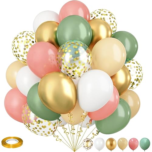 Sage Green and Dusty Pink Balloons, Retro Pink and Green White Gold Confetti Baby in Bloom Balloons for Girls Women Fairy Floral Wildflower Birthday Woodland Baby Shower Garden Tea Party Decorations