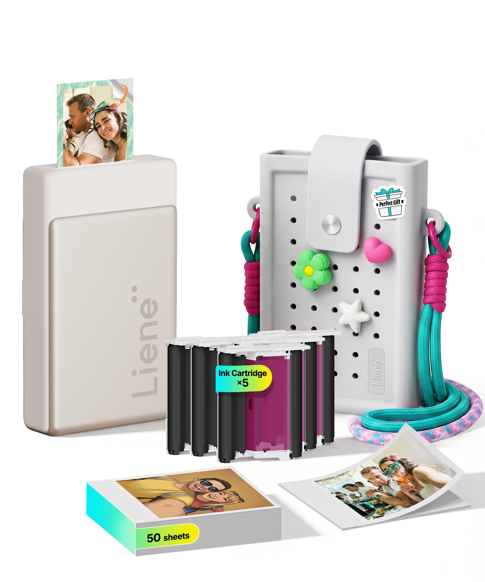 Liene Pearl N200 Pro Geschenk-Set – Tragbarer Mini-Fotodrucker mit Farbsublimation, inkl. DIY Silikon-Umhängetasche in Grau & passendem Zubehör, Bluetooth, 300 dpi, Sofortbilddrucker für iPhone/Androi