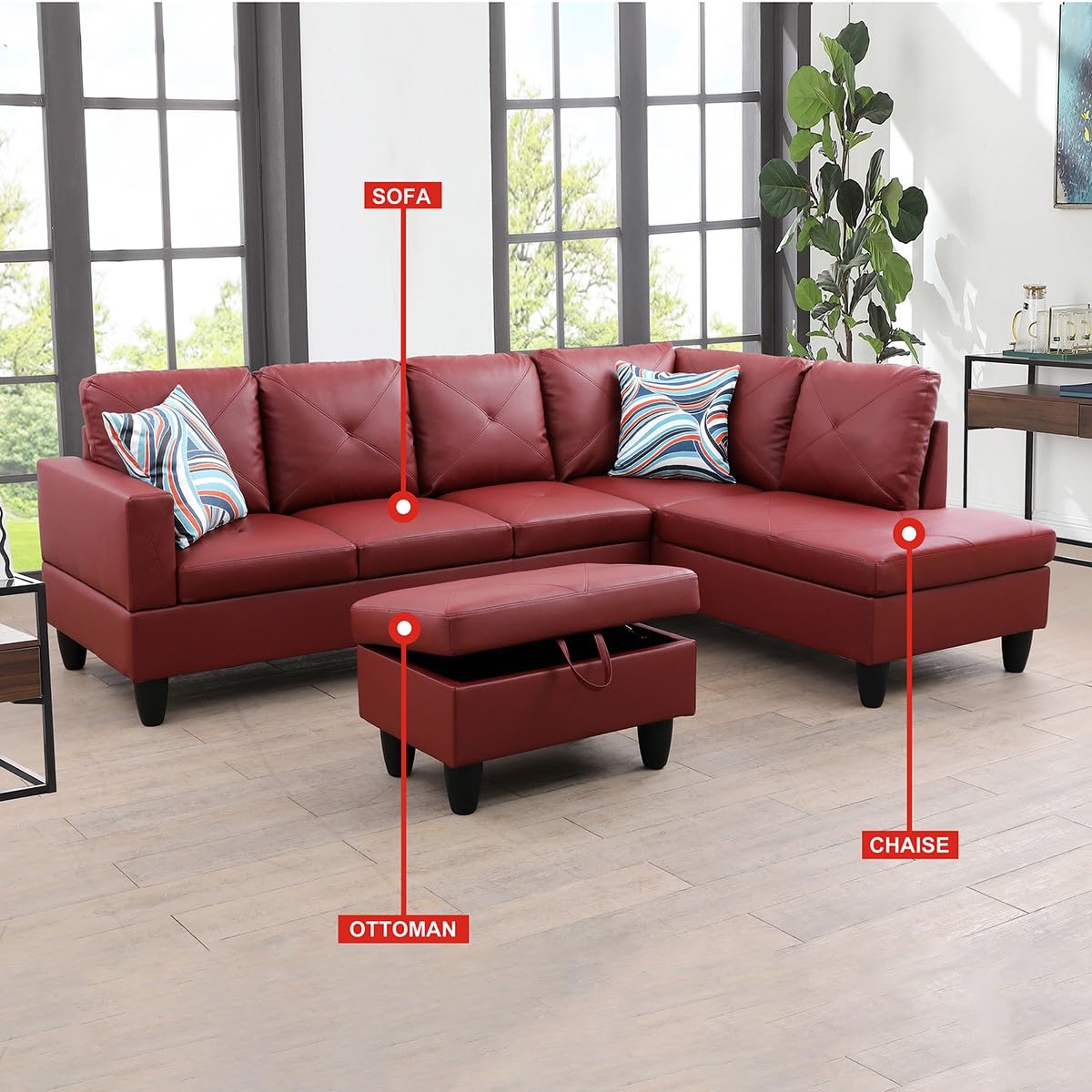 Amazon.com: LGQLJPLQQ Red Faux Leather 3-Piece Couch Living Room
