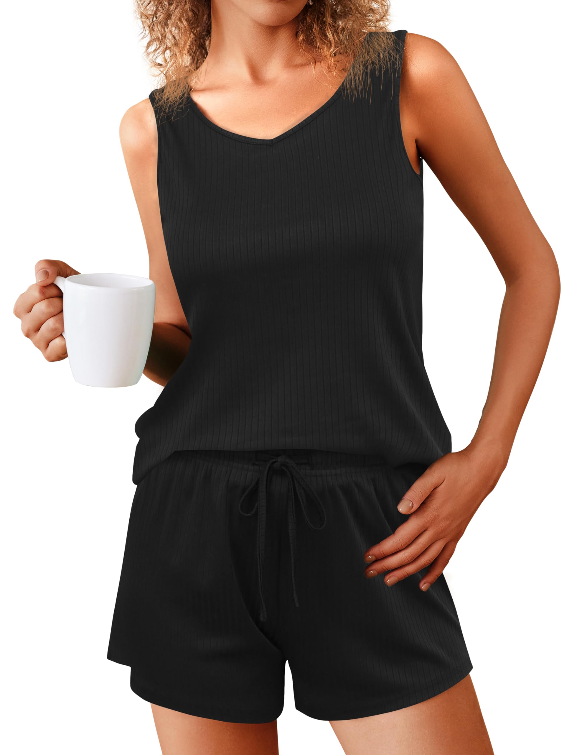 Ekouaer Women's Pajamas Sleeveless V Neck Pjs Set Ribbed Knit Summer Loungewear Sleepwear S-XXL