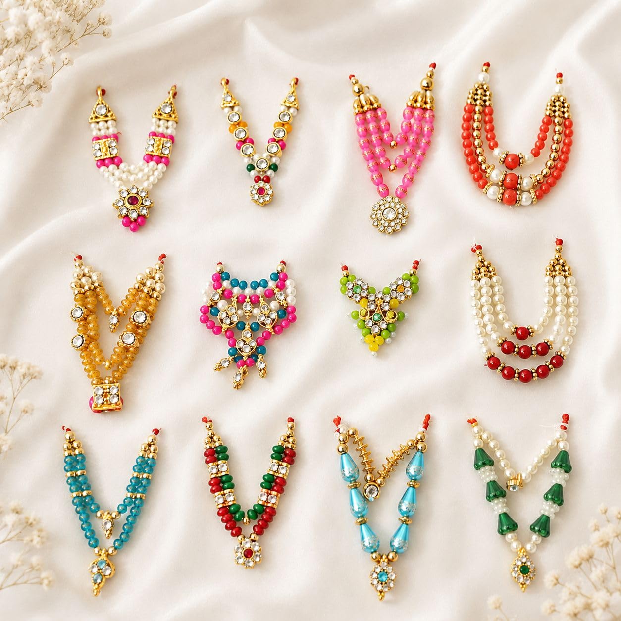 Laddu Gopal Mala Set of 12 for Bal Gopal Shringar | Moti Haar Mala for Krishna Ji | Designer Stone Pearl Kanha Necklace Set | All God Idol Shringar Mala for Janmashtami Pooja Decoration-image-4