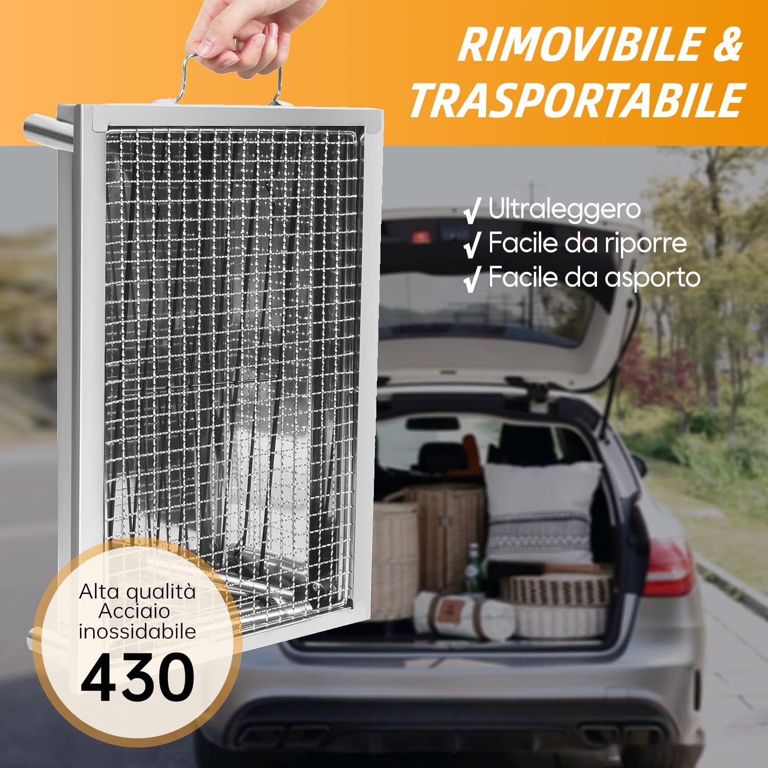Barbecue a carbonella da esterno, in acciaio inox, regolabile e smontabile, portatile, con gambe di supporto, per giardino, pic-nic, campeggio