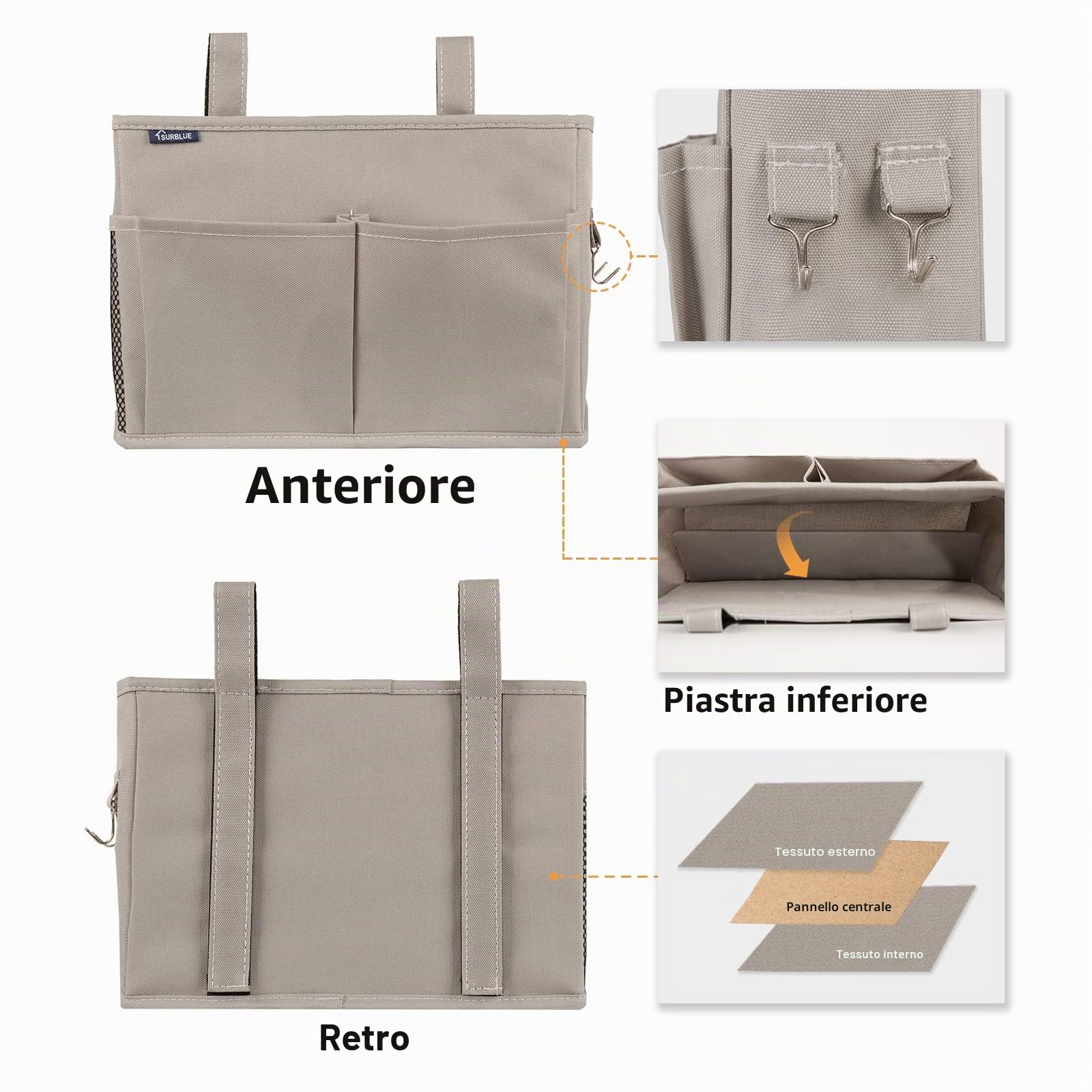 Surblue Comodino Caddy Appeso Letto Organizer Borsa Portaoggetti 4 Tasche e 2 Ganci Piccolo-Grigio