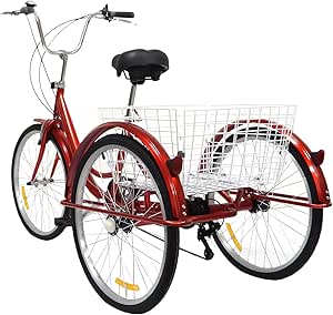 Fridgestea Driewieler voor volwassenen, 24 inch (61 cm), 3 wielen, 6 versnellingen, fiets voor volwassenen, tricycle bike met boodschappenmand, bel, rugleuning voor dames, heren, senioren (zwart