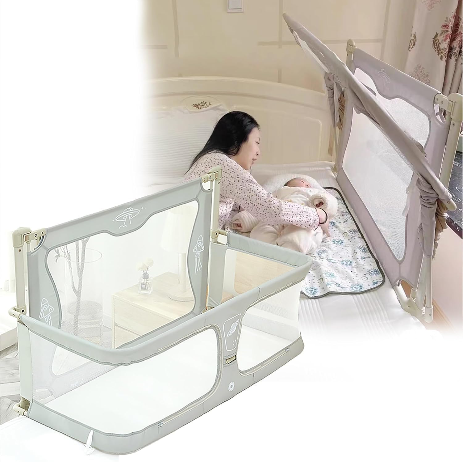Crega 3 in 1 Baby Bassinet, Co Sleeper & Portable Crib, Adjustable Height, Breathable Mesh Sides, Soft Washable Mattress, Easy Assembly, Next to Mom Bed for Newborn