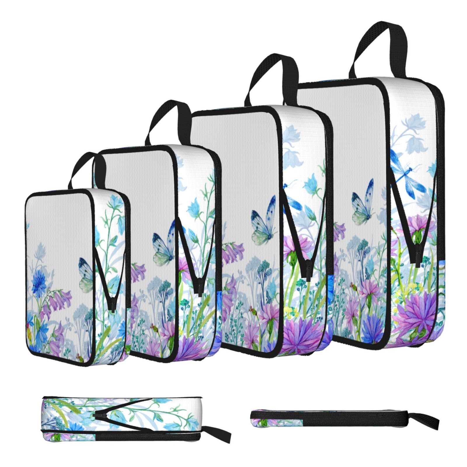 Esnaiuvcd Black Dragonfly And Flowers Print 4 Set Compression Packing Cubes For Suitcases,Expandable Storage Bags Organizers
