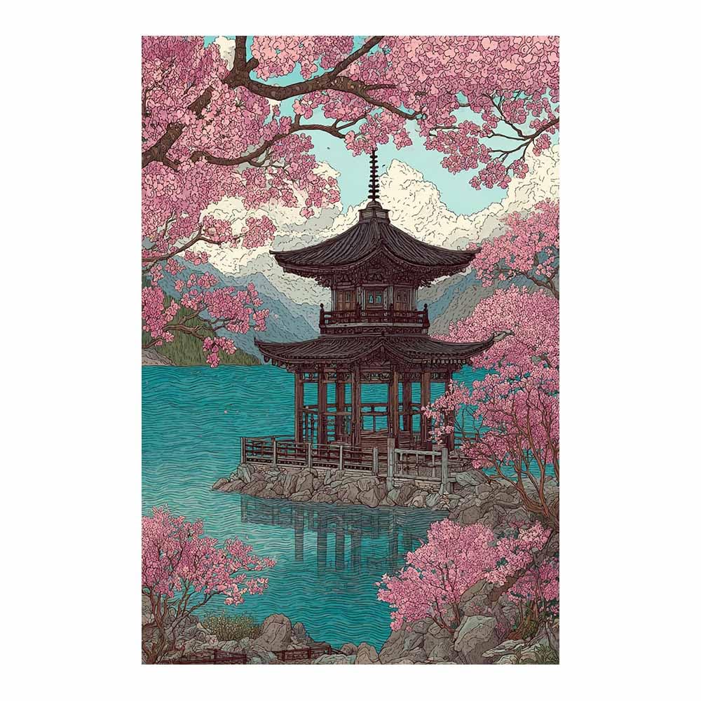 HOQIU Natural scenery wall art Japanese Pagoda Lake decorative painting, wall art, for Living Room Bathroom Bedroom Kitchen Decoration.(Multicolor)-80x120cm Unframed