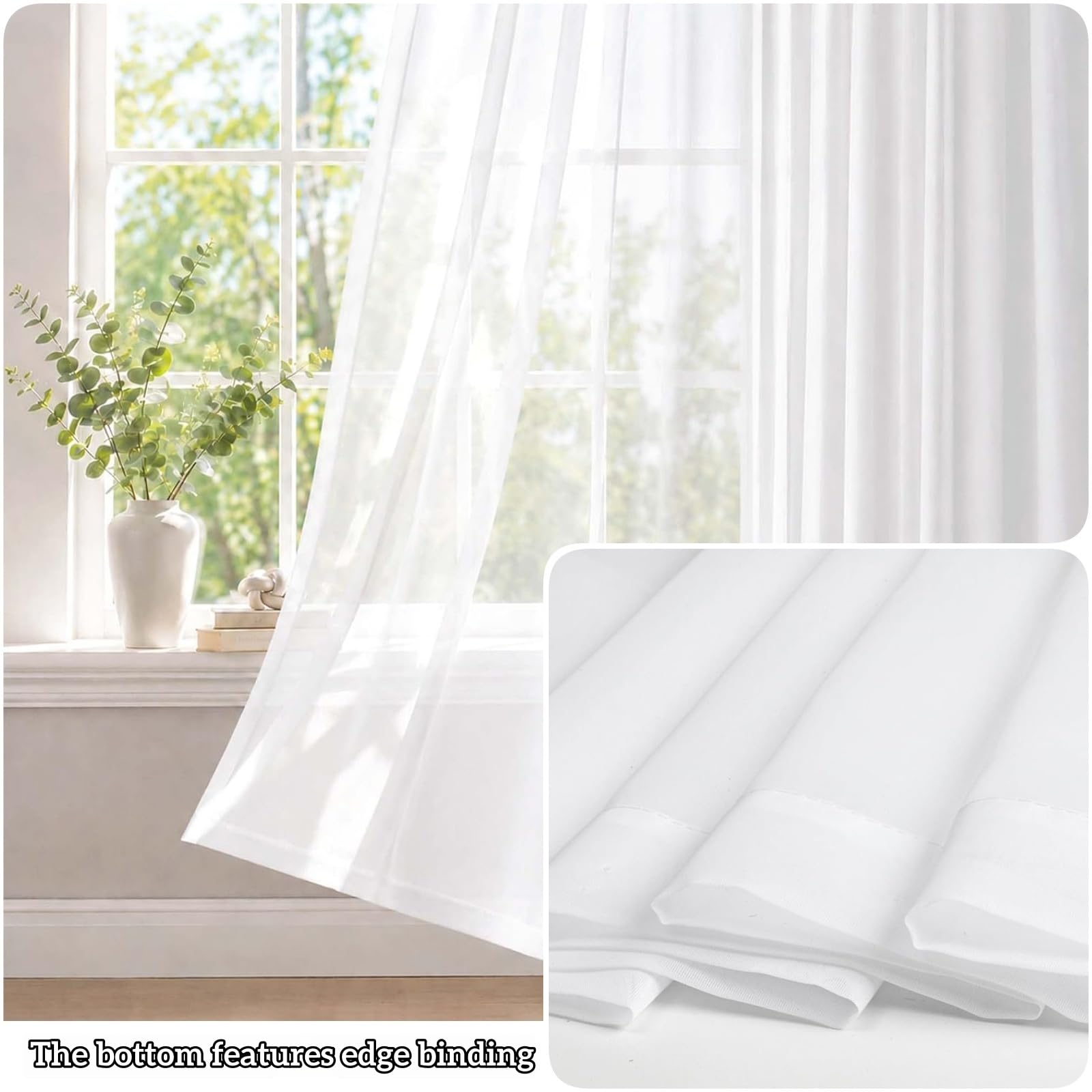 Voile Vorhänge 195 x 250 cm Leinenoptik Halbtransparent Lichtdurchlässig Transparente Polyester mit Kräuselband für Wohnzimmer Schlafzimmer Kinderzimmer, Weiß
