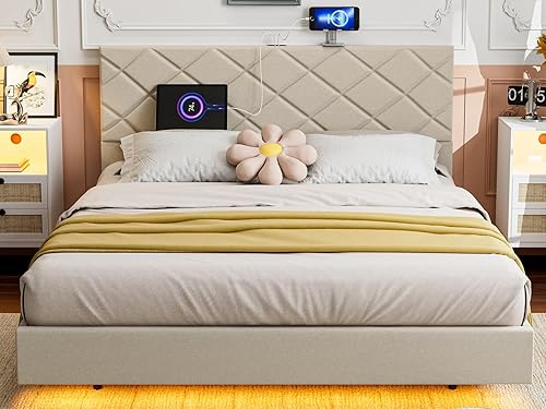 Miniatura 3 de IKIFLY Base de cama flotante de tamaño matrimonial con 2 puertos USB, cama moderna tapizada de lino con luces LED, no necesita somier, listones de