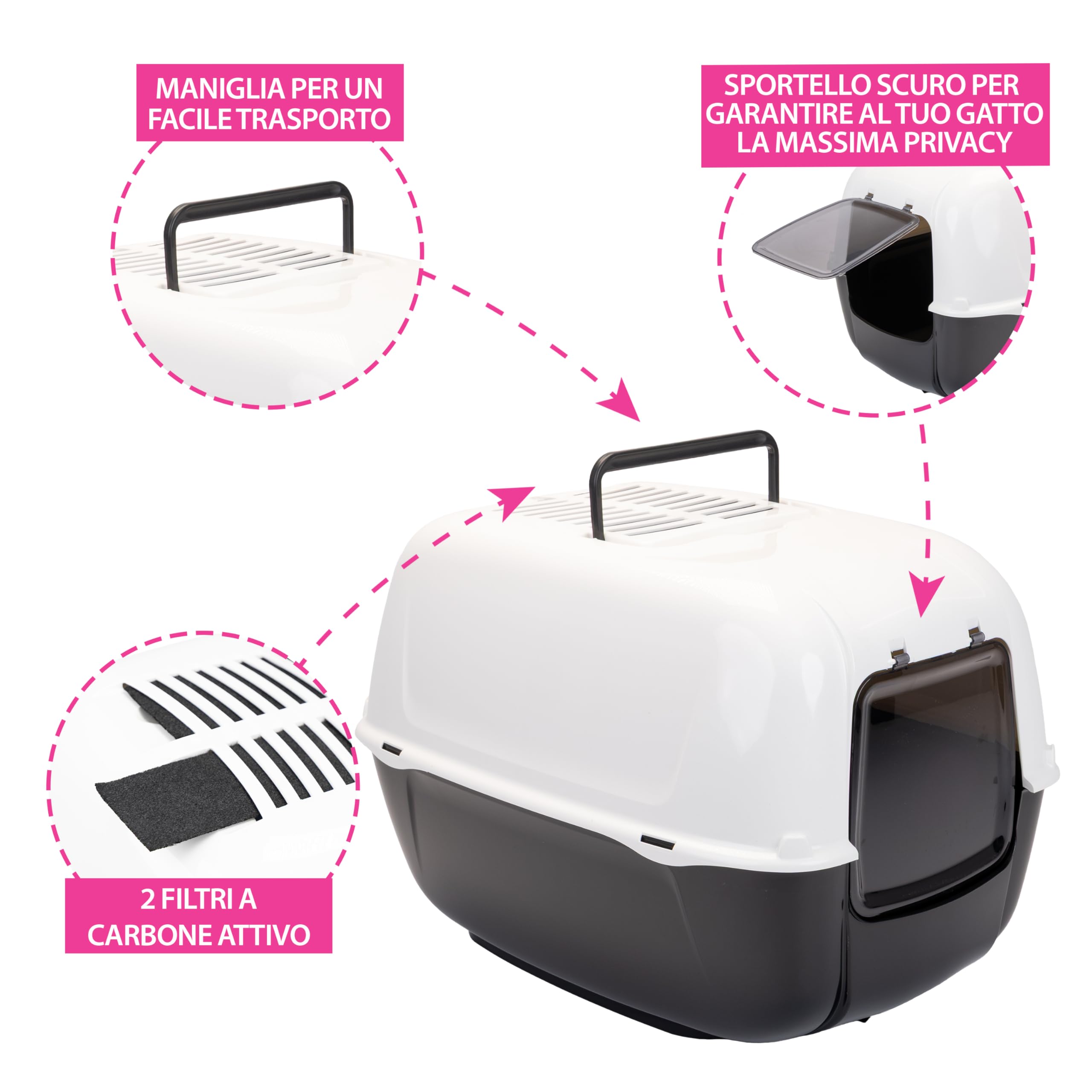 Ferplast Hooded Cat Litter Tray Box, PRIMA Cat Toilet Box with Door and 2 Activated Carbon Filters against bad odors, 39,5 x 52,5 x 38 cm., light black