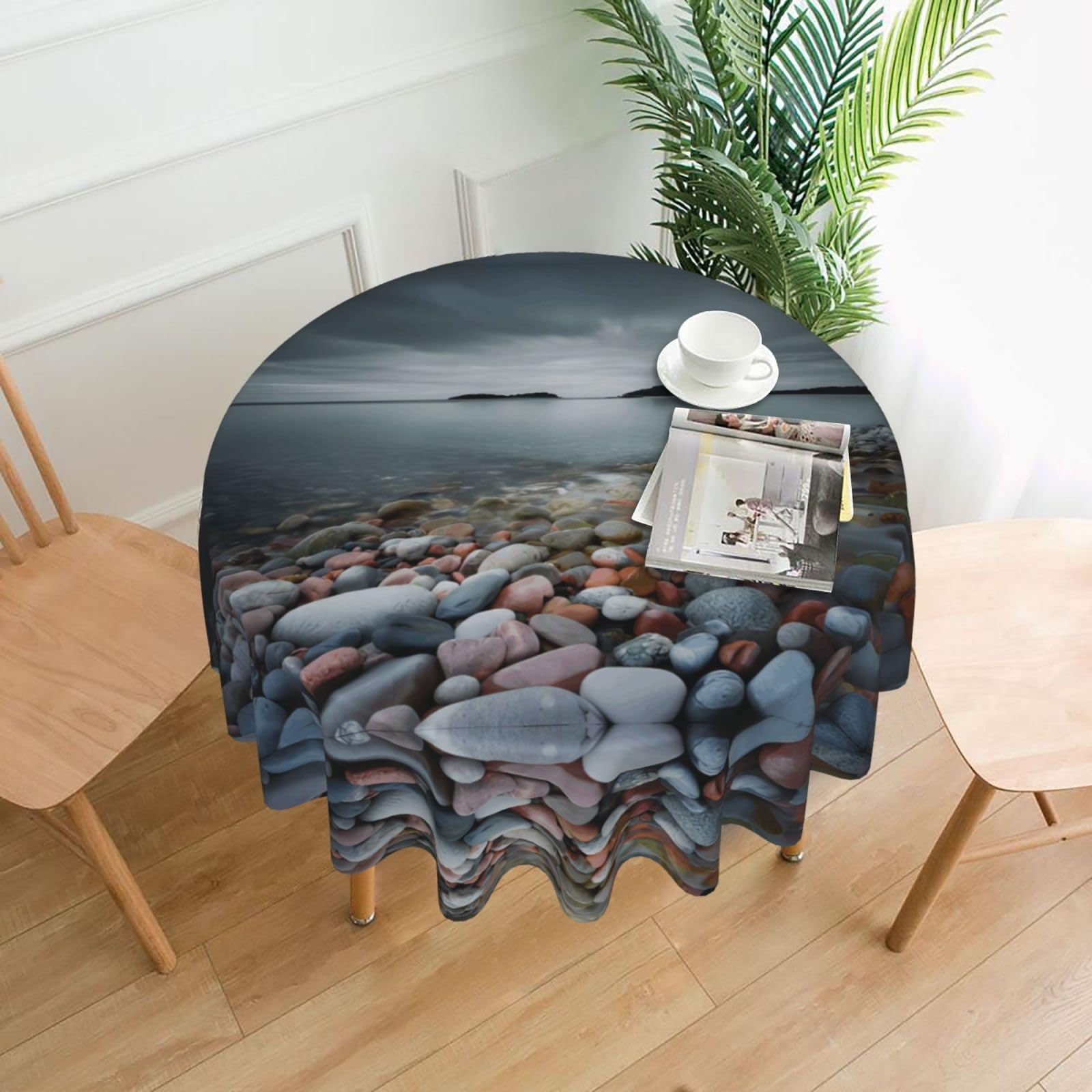 ZHAOUR Beach Stone Print Round Washable Tablecloth – Table Cover