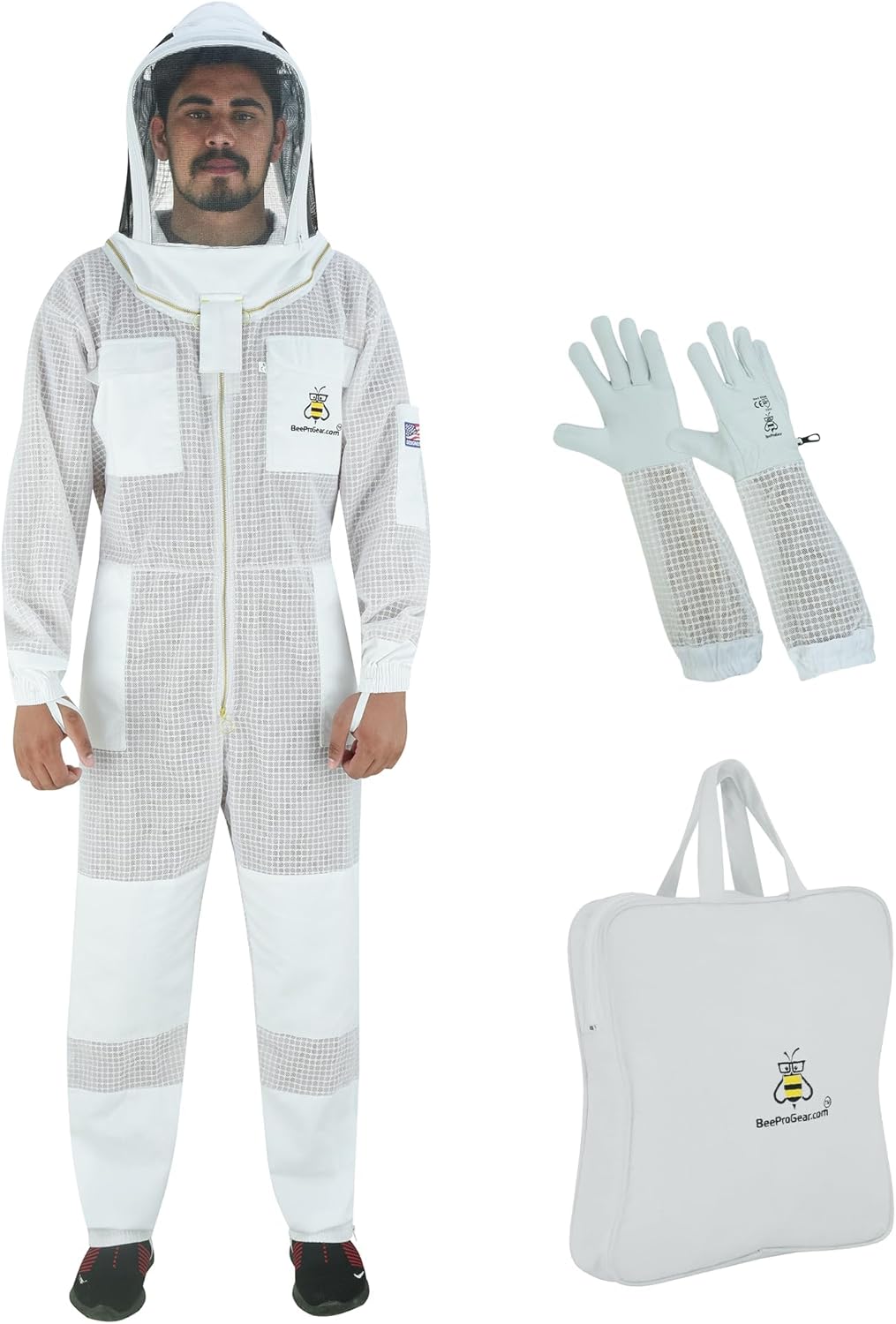 BeeProGear 3-layer Ultra Ventilated Mesh Bee Suit for Beekeepers | Fencing Veil Sting-Proof Beekeeping Suit with Leather gloves and bag (X-Large)