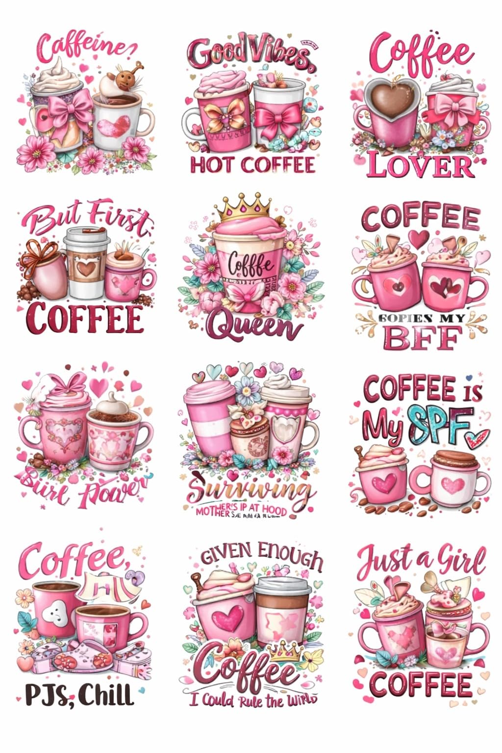 UV DTF Cup Wraps Transfer Stickers, 12 Pattern Coffee Themed Waterproof Decals for Mug Glass Water Bottle, 2.5 Inch DIY Crafts for Notebook Luggage Laptop Car
