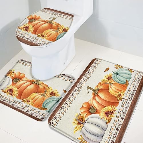 Miniatura 3 de Bathroom Rugs Sets 3 Piece Bath Mat,Thanksgiving Fall Pumpkin Sunflower Soft Non-Slip Bath Rug Set,Absorbent Shower Rugs Toilet Seat Cover U-Shaped
