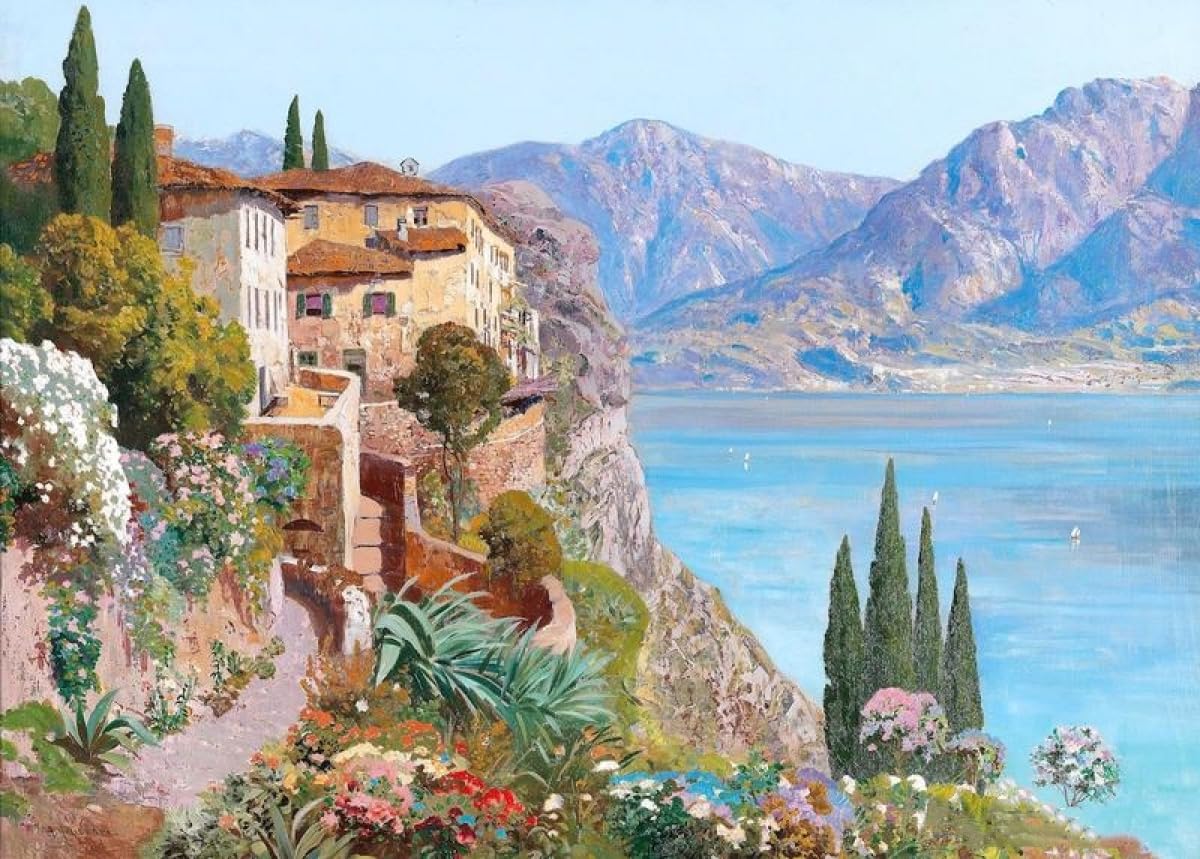N.lanshan B 11Ct Diy Printed Cross Stitch Kit Lake Como Landscape Punch Needle Kit Landscape Oil Painting Pre-Printed Embroidery Kit Diy Hand Needlework Kits Stamped Cross Stitch Kits For Eginners 80X100cm