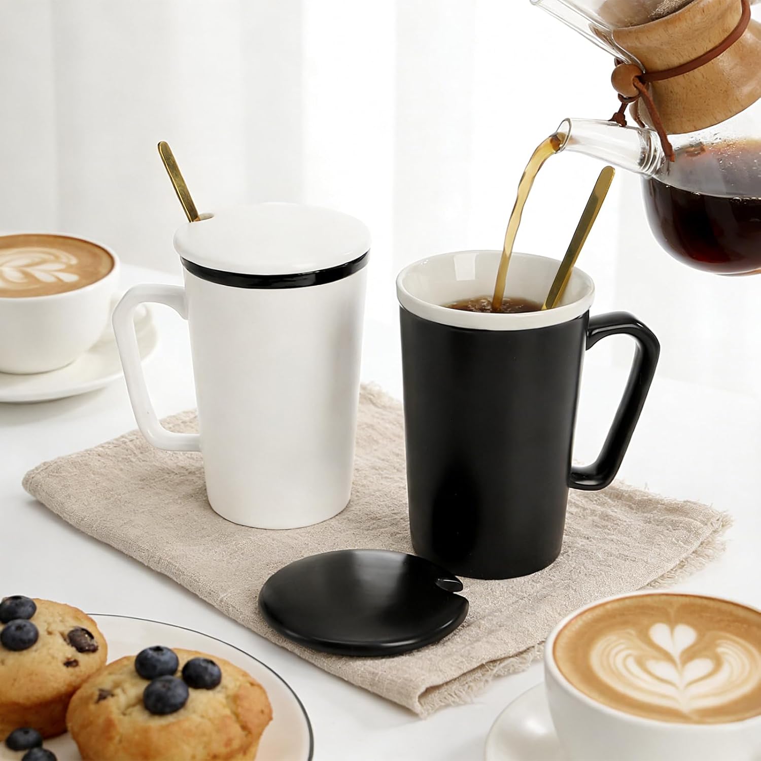 ZENFUN 2 Pc Ceramic Mugs Set for Couple, Coffee Mugs with Gift Box, Engagement Wedding Gift His and Hers, 13 oz Porcelain Mug Set with Lid and Gold Spoon(Black&White) - Image 8