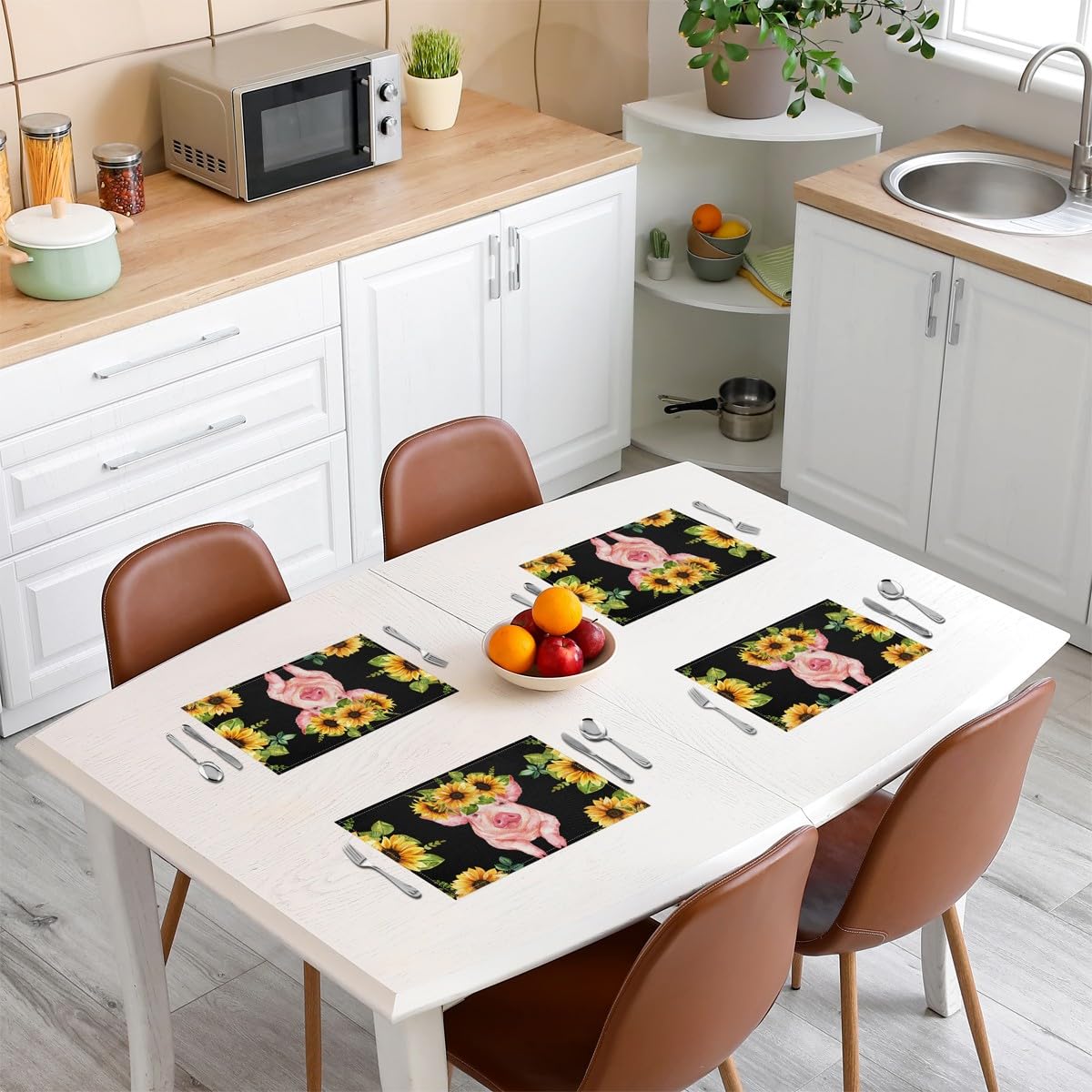 Pig Placemats Set of 4 45X30cm Kids Farmhouse Sunflower Placemats for Dining Table Indoor Outdoor Kitchen for Girls Boys Cute Farm Animal Floral Table Mats Placemat Pink Pig Kitchen Dining Table - Image 3