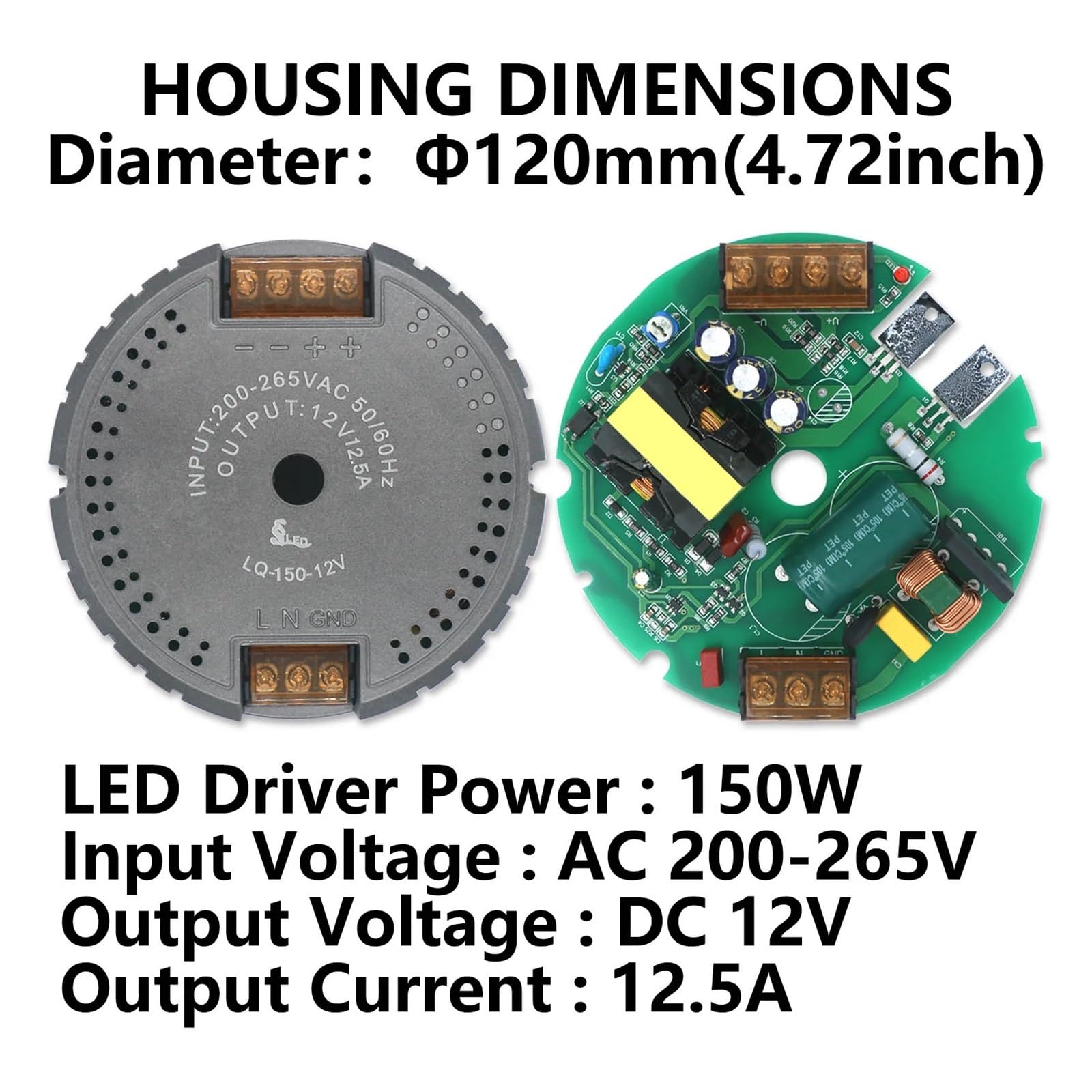 Driver LED AC220V a DC12V 5a 8A 12a lampada 60W 100W 150W driver circolare Alimentatore LED Trasformatore lampada 12V Striscia luminosa a LED(150W 12V 12.5A)