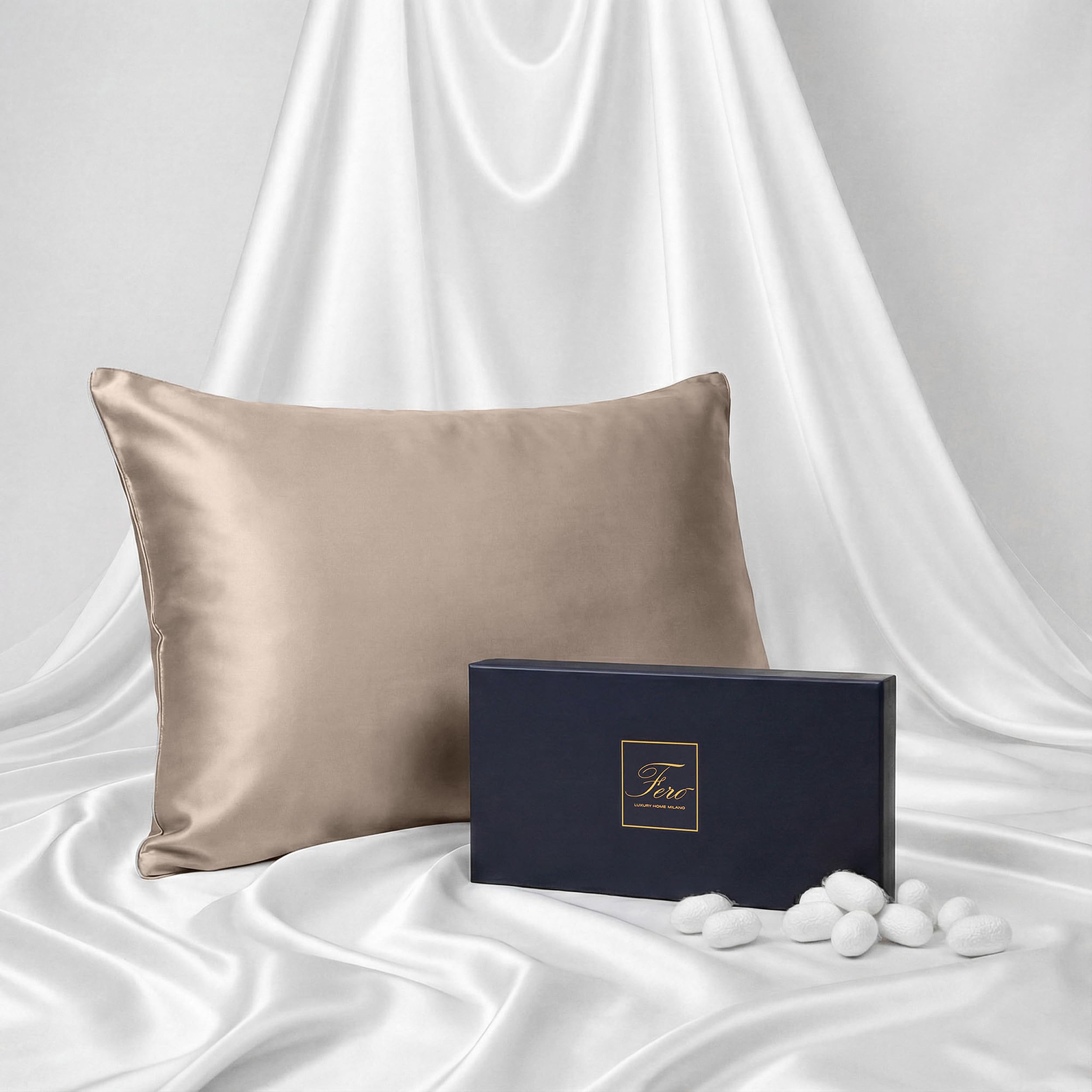 Funda de Almohada de Seda Ferò, 50 x 80 cm, 100% Seda Natural de Morera, 22 Momme, Grado 6A, Beige