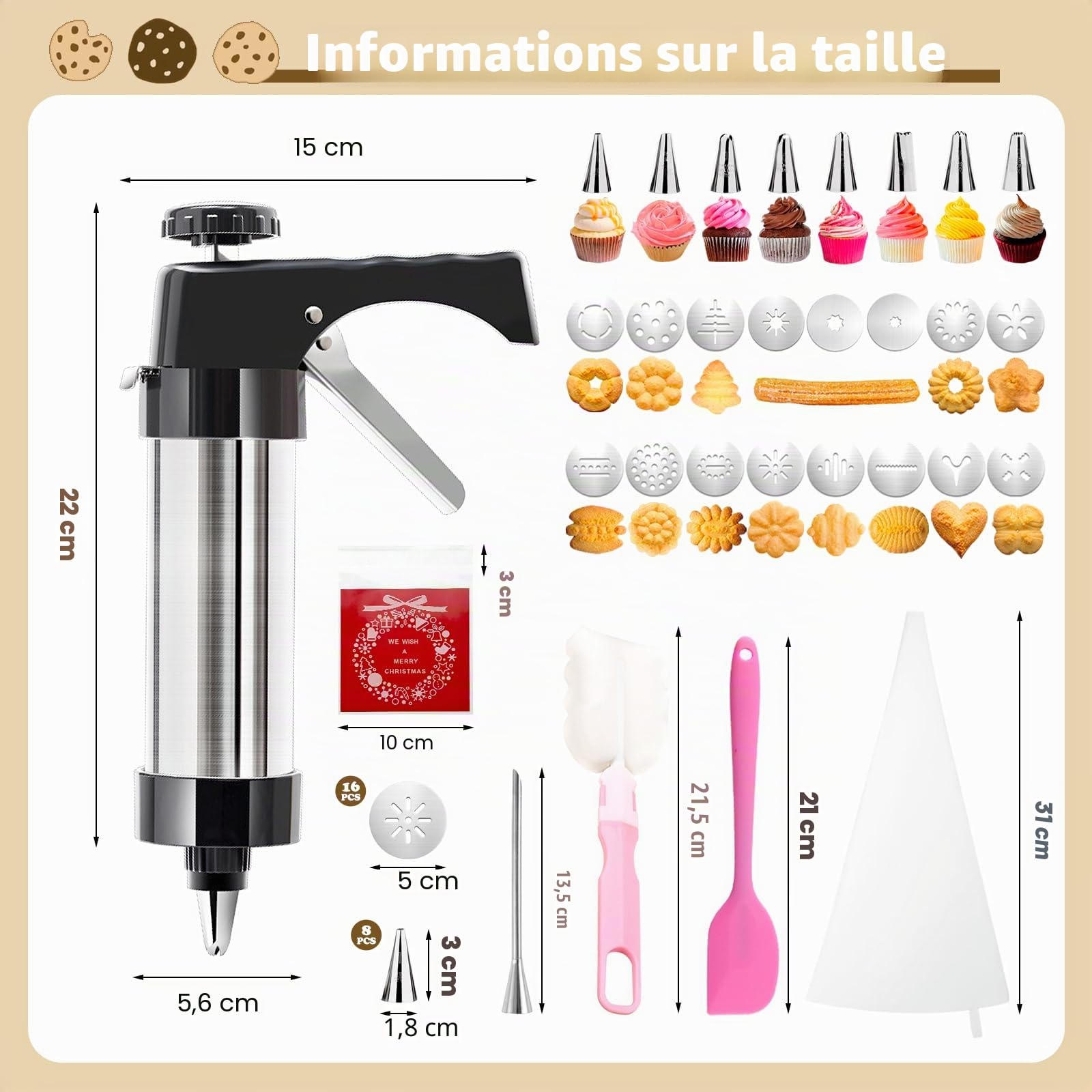 Machine a Churros,Appareil a Churros, Presse a Biscuits Inox,Presse à Churro Pistolet à Pâtisserie avec 16 Gabarits,8 Douilles,Poche et Brosse,Seringue Patisserie pour Gâteaux Gâteaux Dessert