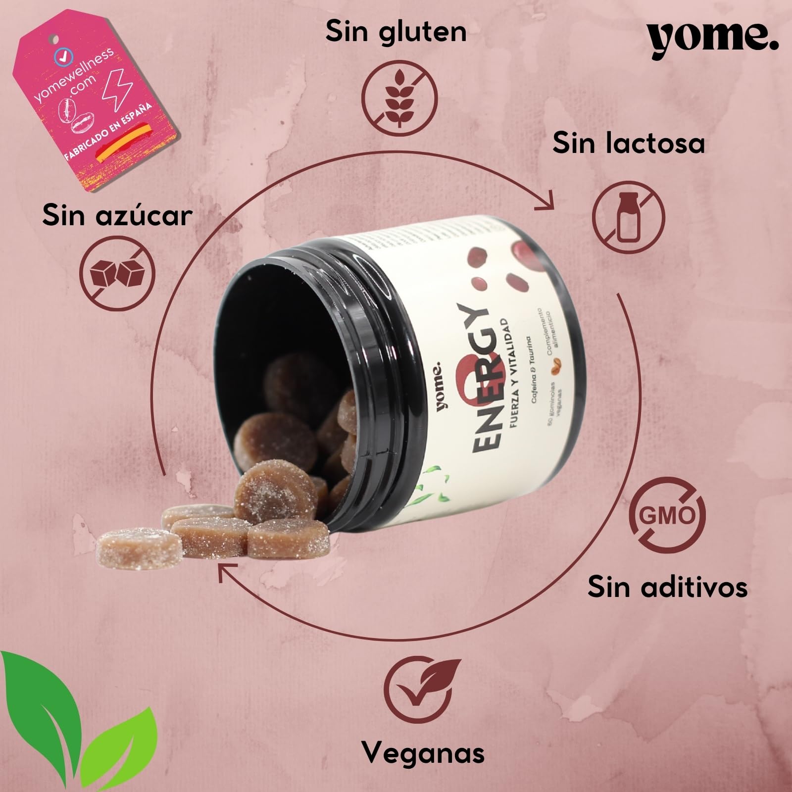 Gominolas de Cafeina y Taurina, Energia – 60 Gominolas Veganas – Mejora la Concentración, Favorece el Rendimiento Físico y Mental – Sabor natural Cafe - Sin Azucar