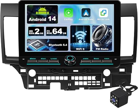 2+64G 10.1-inch Android 14 Car Radio Stereo with Buttons for Mitsubishi Lancer 2007-2013 IPS Touchscreen Screen Car Radio with WiFi6 Carplay&Android Auto Support Backup Camera GPS FM BT5.4 SWC