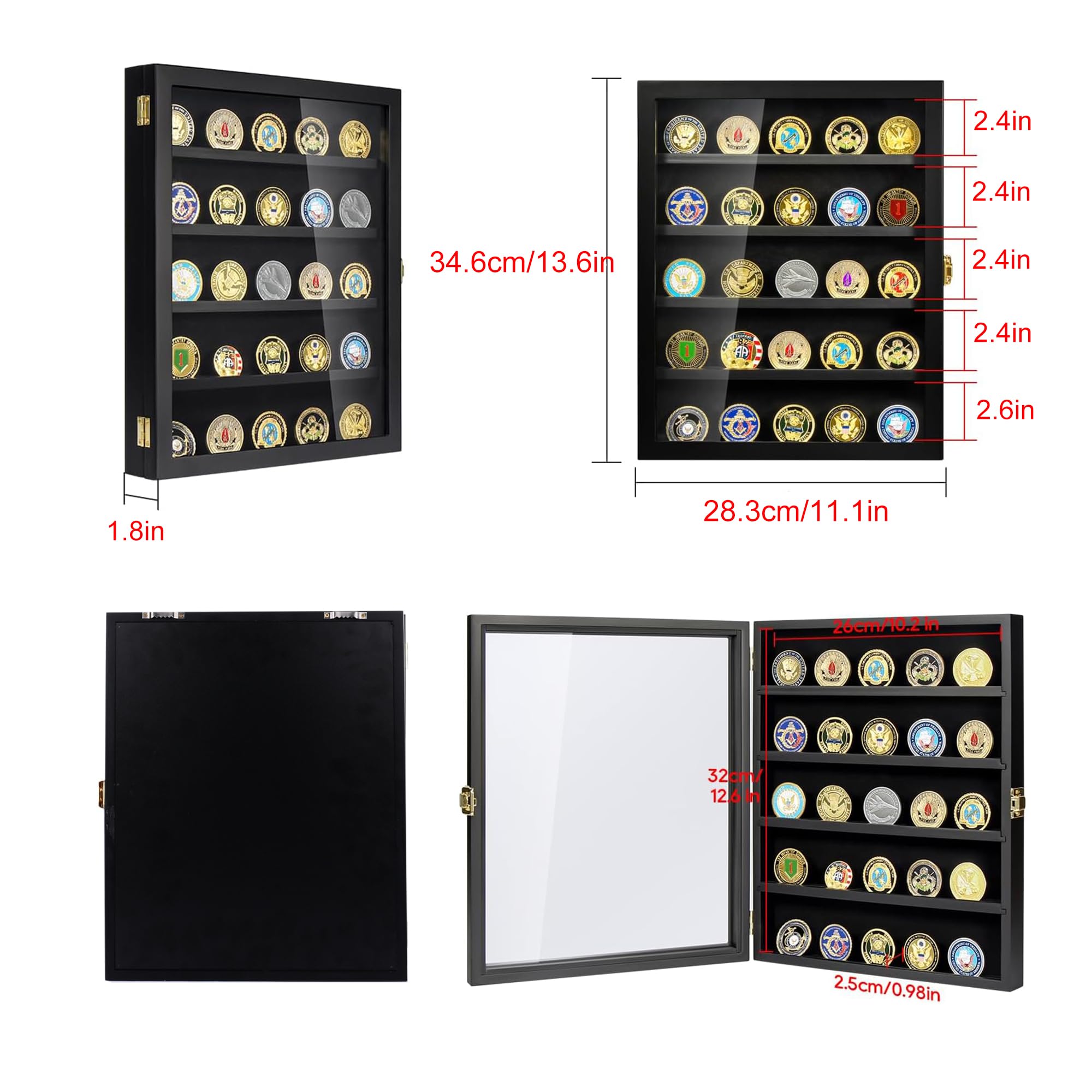 Generisch Witryna na monety, uchwyt na monety, wojskowy uchwyt na monety, drewniany wyświetlacz na monety, montaż ścienny ze zdejmowanymi półkami, pudełko na medale, przypinki, przypinki, żeton do