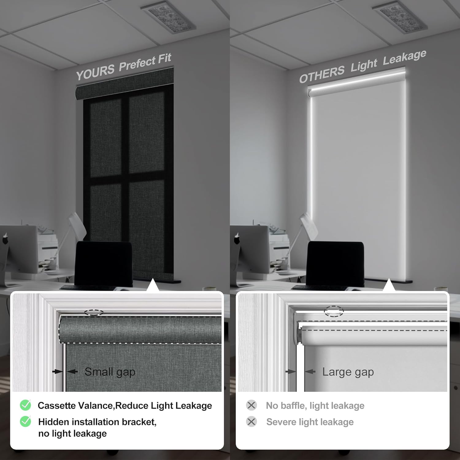 Boolegon Light Filtering Roller Shades for Indoor Windows, Pull Down Roller Blinds Cordless, Linen Fabric, Thermal Insulated UV Protection Shades for Home Bedroom Office Door, Grey, Custom Size