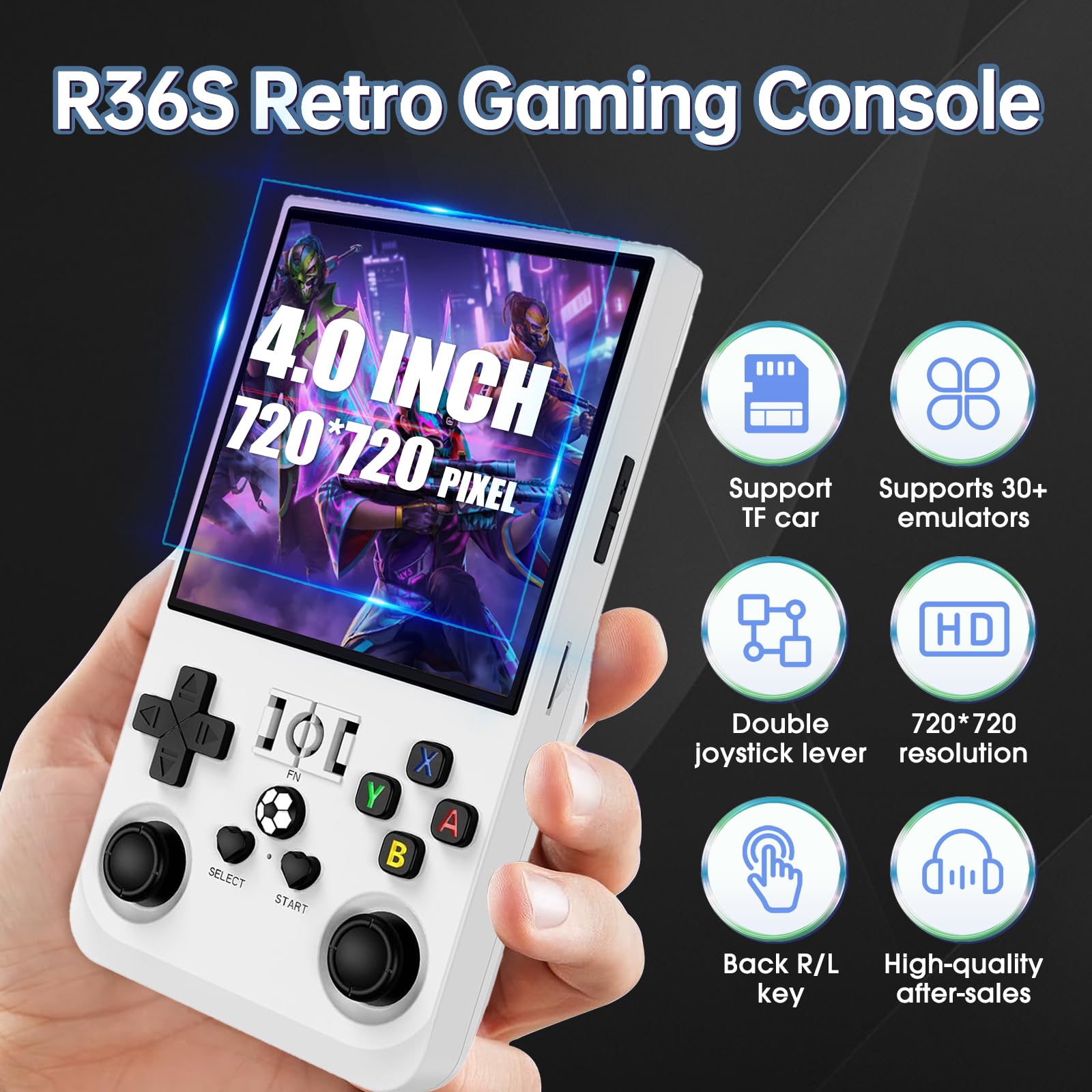 R36MAX Console di gioco portatile retrò R36S aggiornata con schermo IPS da 4 pollici, 128 GB di spazio di archiviazione, oltre 25.000 giochi e sistema operativo basato su Linux(Bianco scuro)