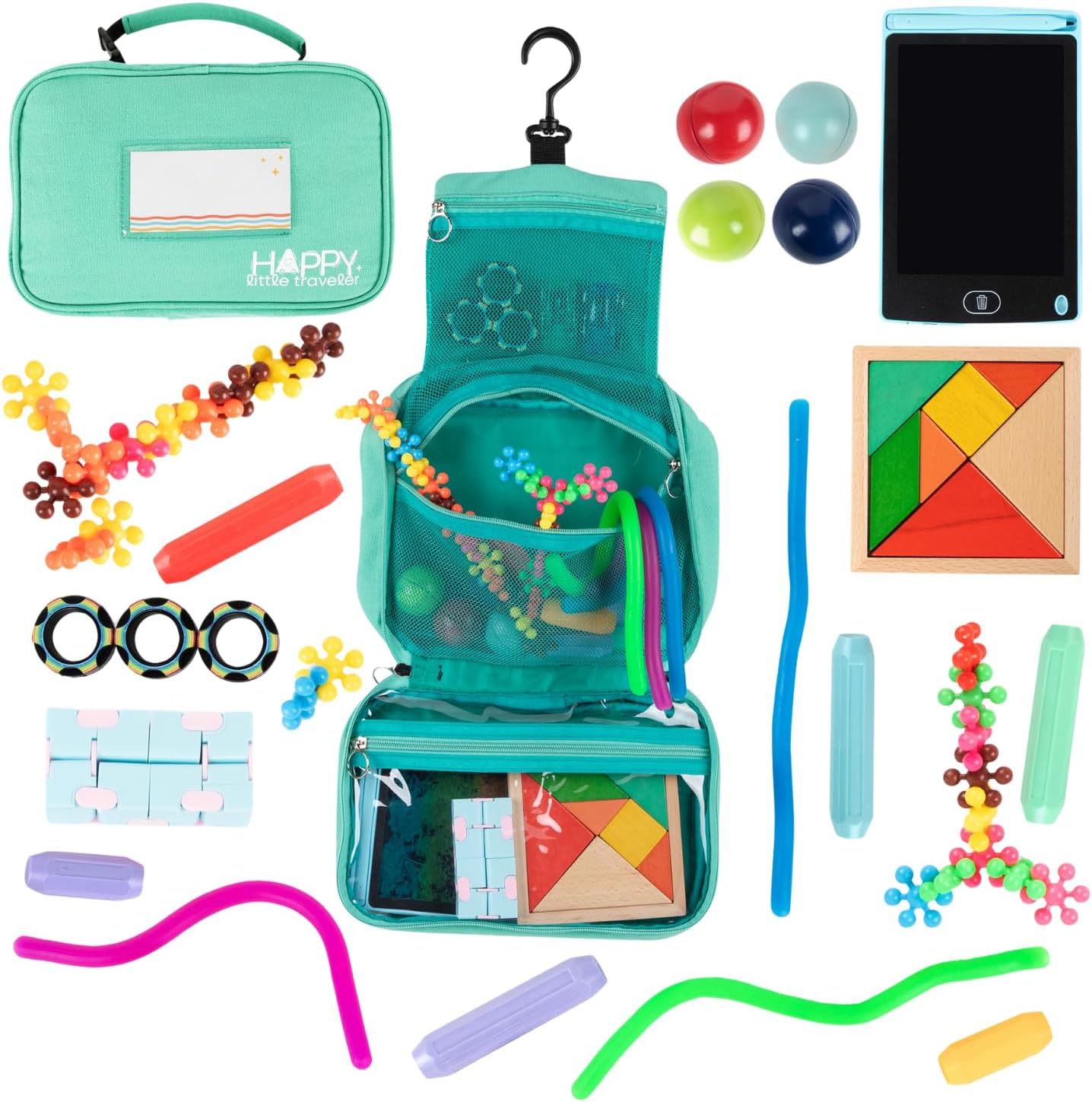 Travel Essentials for Kids – All-in-One Activity Kit for Travel, Road Trip Activities for Kids – Hanging Bag, Includes Toys and Activities for Airplanes, Hotels – Boys & Girls 4+ Years (Seafoam)