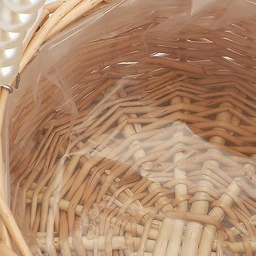 Miniatura 8 de Cesta de mimbre para niña de flores de ratán, cesta de boda para niña de las flores con mango de perlas y lazo, cesta de flores de hada tejida a