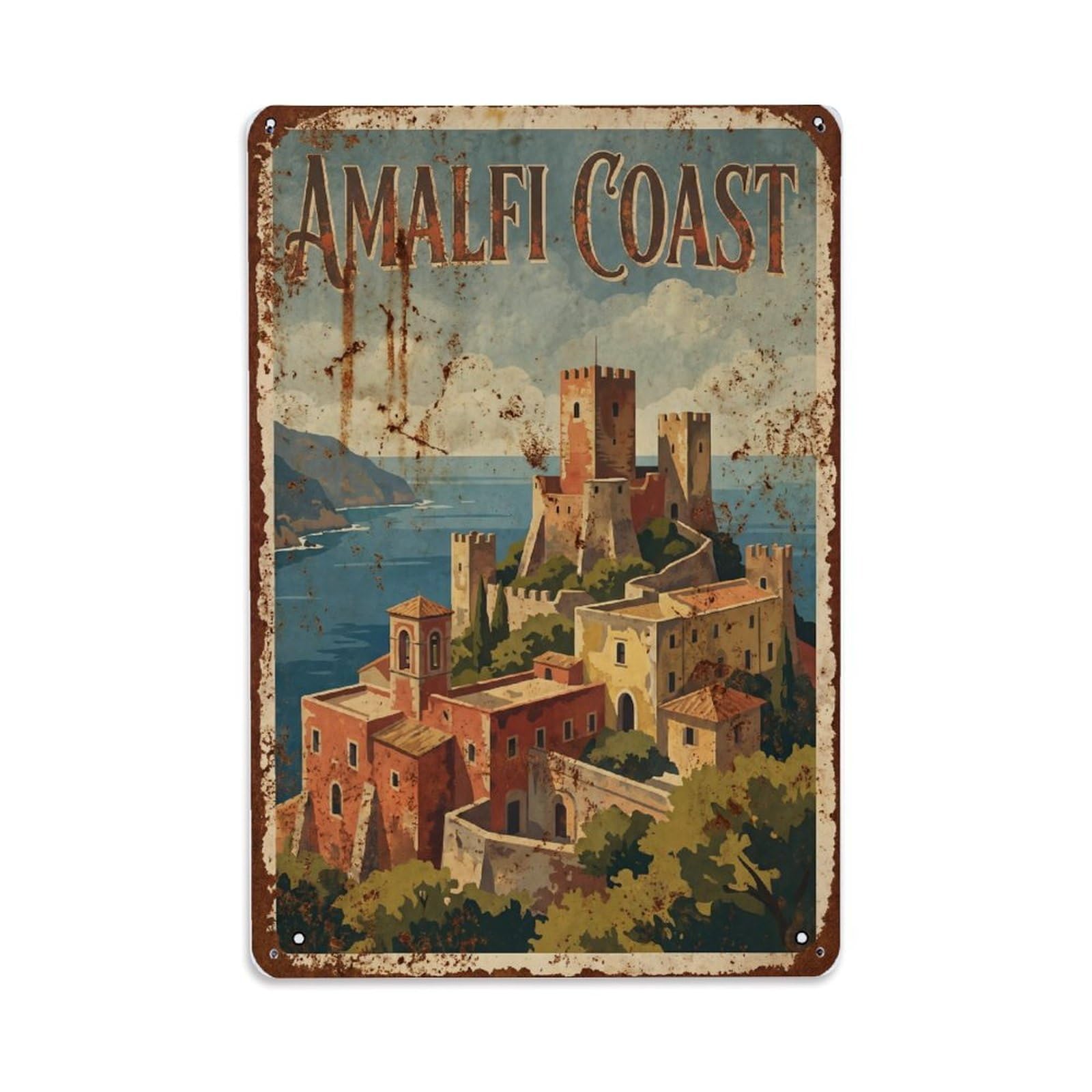 Vintage Travel Fortress Italy Hilltop Metal Tin Sign Plaque Wall Decor for Cafe, Club Bar, Office, Home Garden Metal Poster 8x12Inch