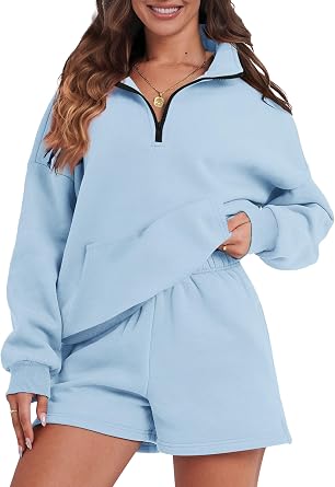 FKEEP Womens Sweatsuits 2 Piece Outfits Half Zip Sweatshirt Sweat Shorts with Pockets Lounge Sets