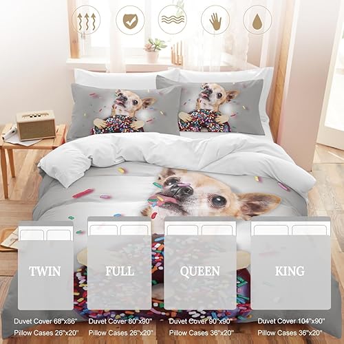 Miniatura 6 de Sleepwish Juego de ropa de cama con temática de perro, divertido Chihuahua con dona, funda de edredón de 3 piezas para niños, diseño de animales de