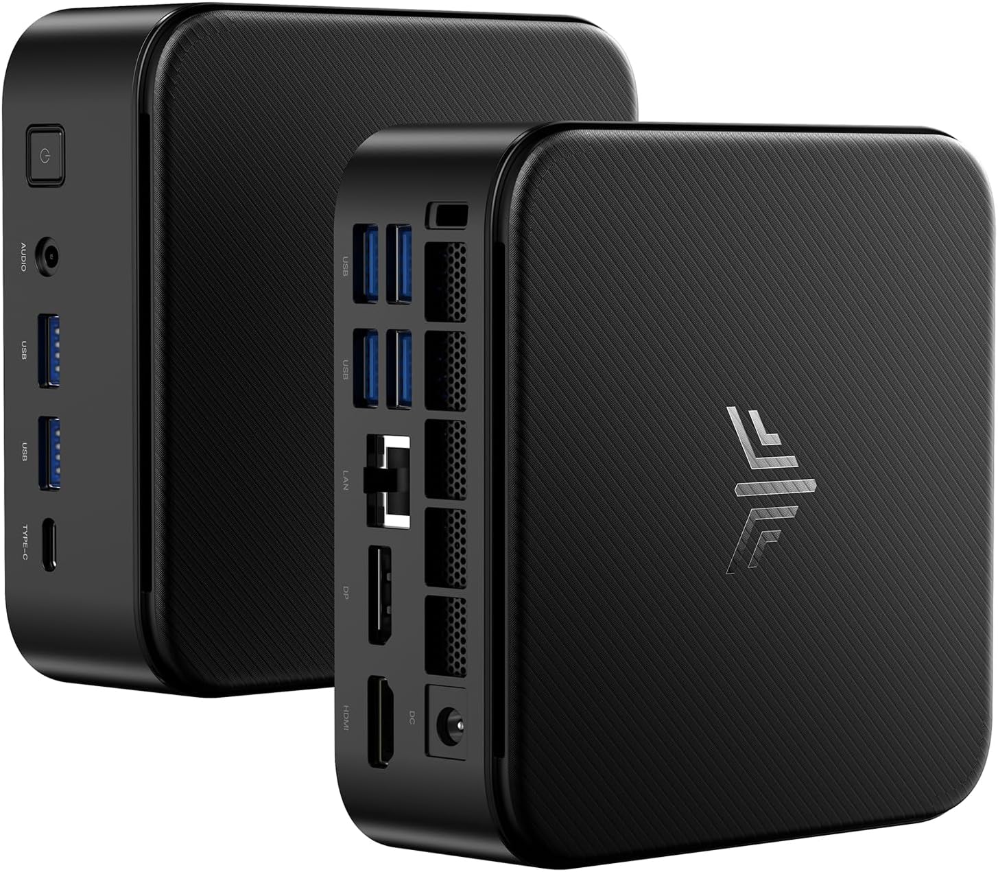 Front and rear view of the KAMRUI E3B Mini PC, highlighting all available ports including USB, HDMI, DisplayPort, USB-C, LAN, and audio jack.