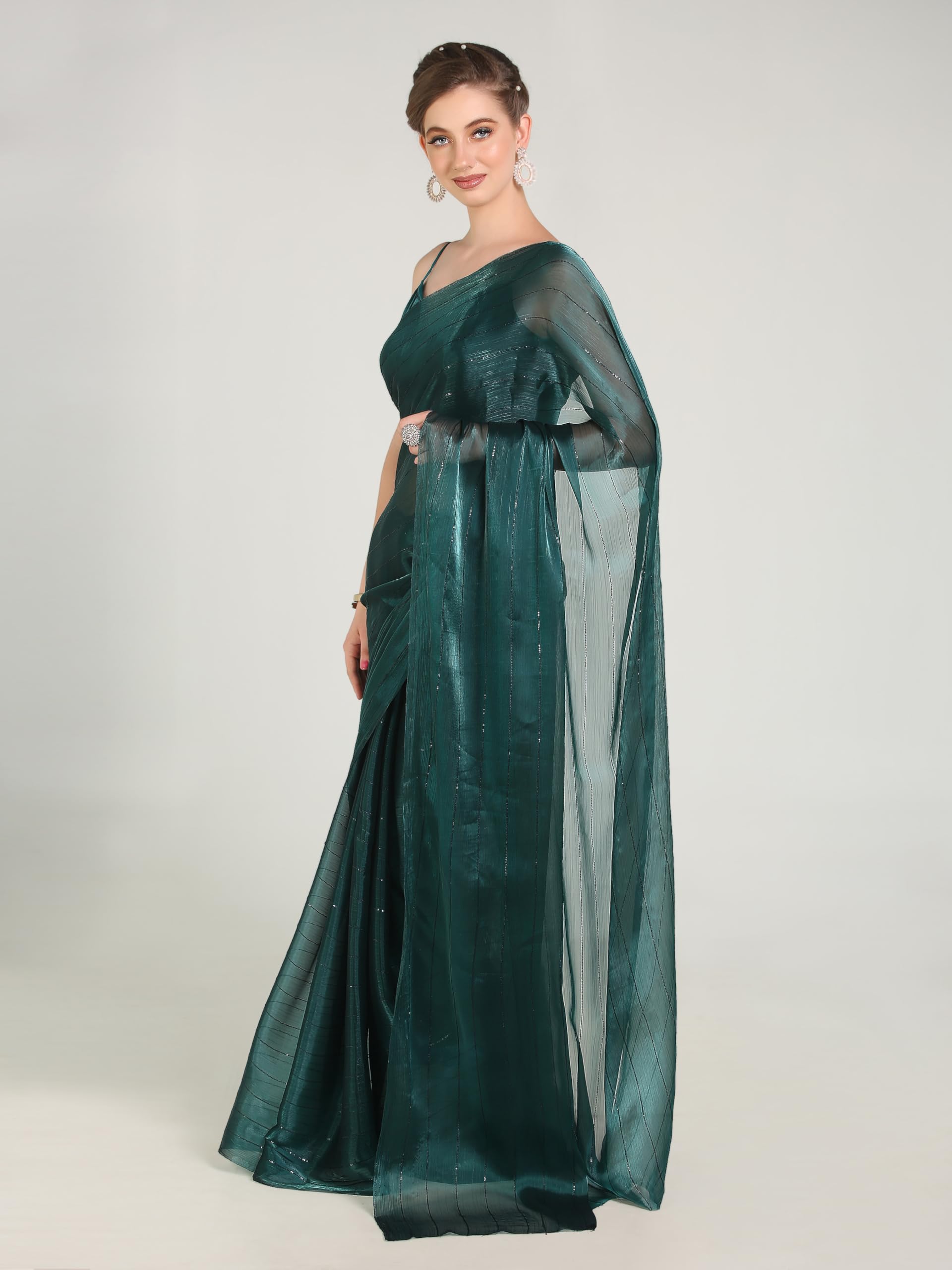 Pujia Mills Woman's Sequence Silk Rama Saree With Stitched Spaghetti Strap Sleeveless Blouse