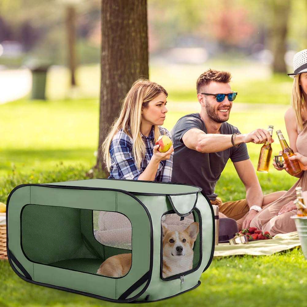 Boîte de transport pliable pour chien et chat jusqu'à 29,5 kg (94 x 53 x 53 cm), robuste, pliable, avec double portes et ceinture de sécurité, refuge portable pour les voyages (vert)