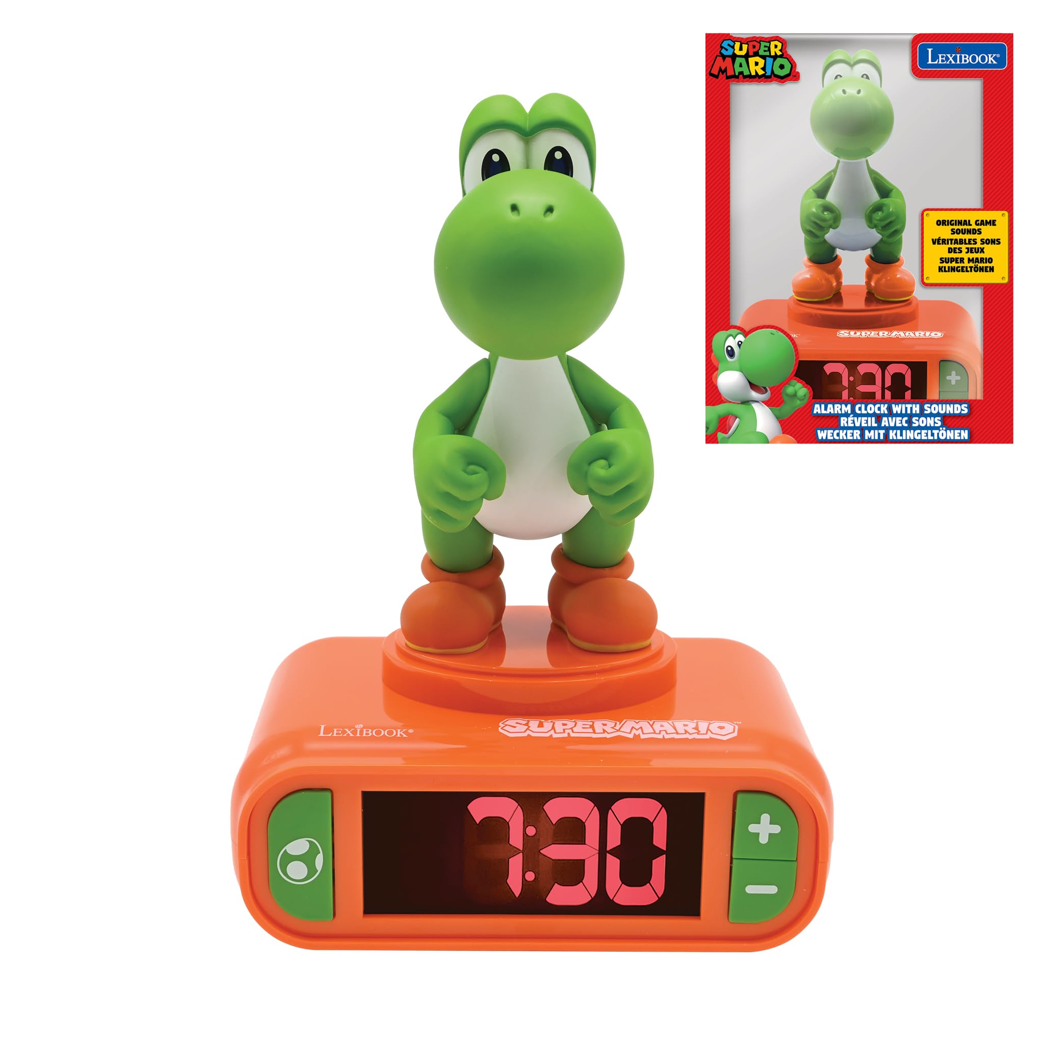 Lexibook, Super Mario, Yoshi Nightlight Alarm Clock, Sounds and Melodies, LCD Backlit Screen, Luminous, Snooze, Red/Green, RL800NI1