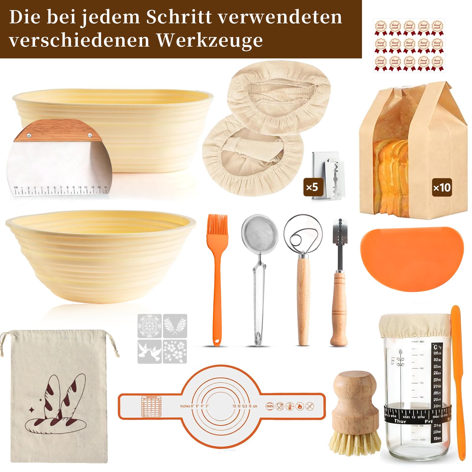 Banneton Pour Pain, 31 Pièces Kit Pain au Levain-Corbeille à Pain avec Grattoir à Pâte, Mélangeur à Pâte, Lame Boulanger Idéal Set de Paniere a Pain pour les Pains et Levains