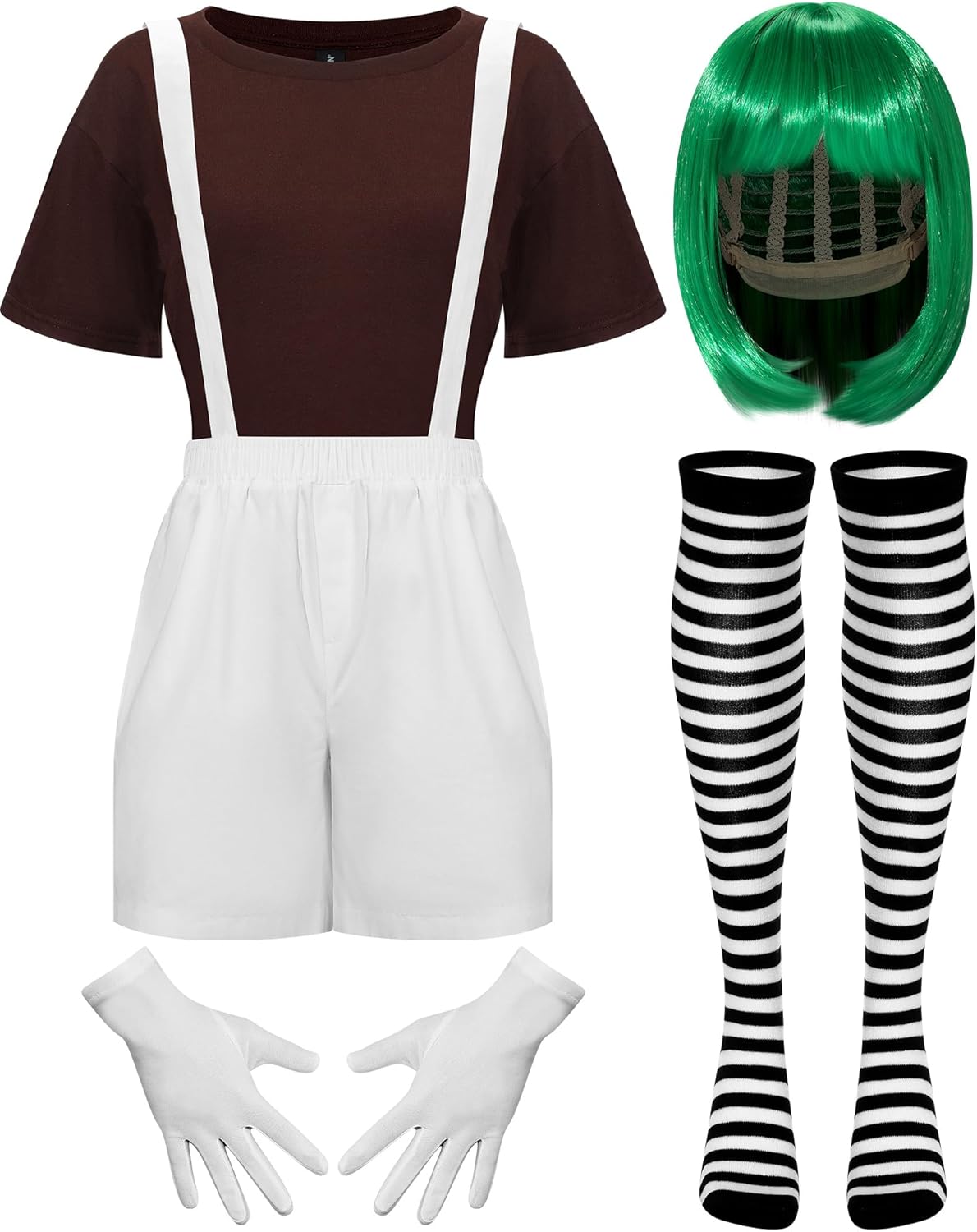 Panitay 5 Pcs Women Halloween Worker Costume Set Chocolate T Shirt Green Short Wig Overall Gloves Sock Small