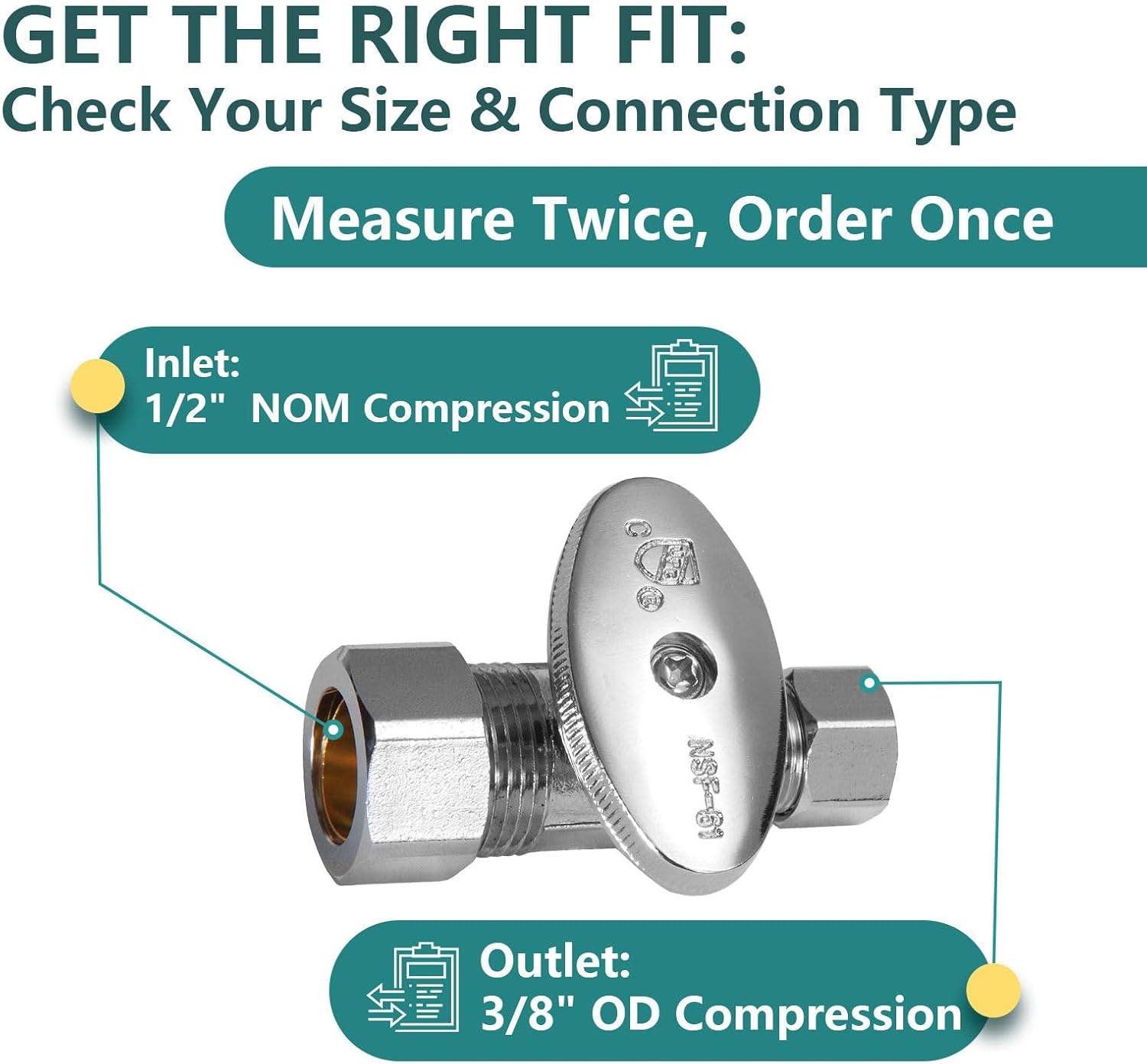 100 Pack Straight Stop Valves, Quarter Turn 1/2"NOM(5/8"OD) x 3/8" OD Compression Shut Off Valve, Lead-Free Brass for Bidet, Sink and Washing Machine