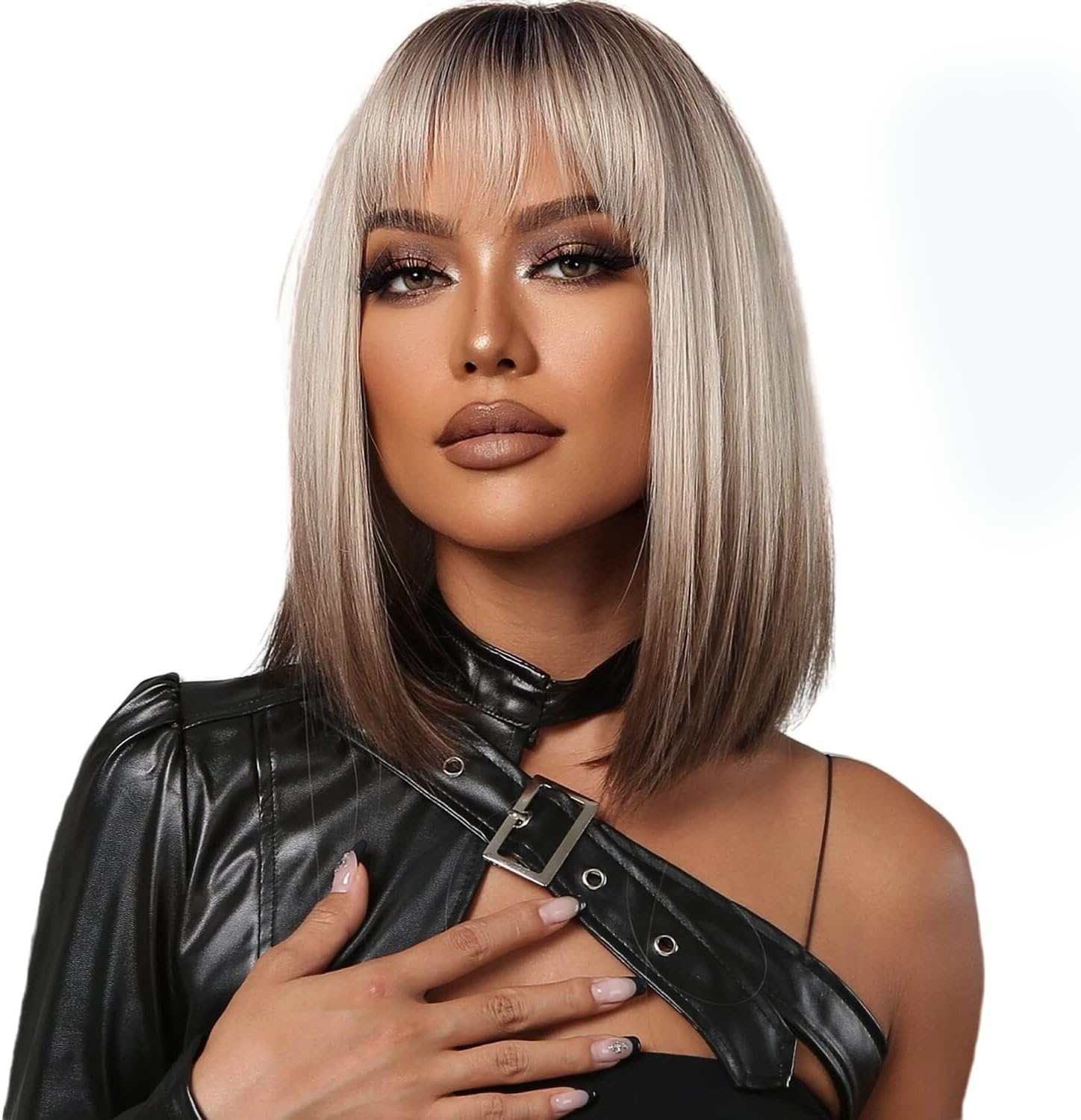 Short Straight Bob Ombre Gray to Brown Wigs with Bangs for Women, 14'' Dark Roots Wig Heat Resistant Hair for Daily Party Cosplay